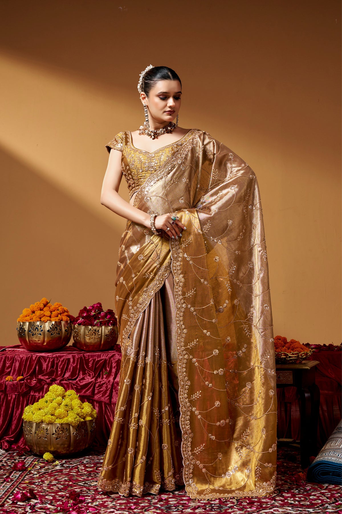 Kanjivaram Zari Tissue Designer Hand Embroider And Tube Beads Wedding Saree