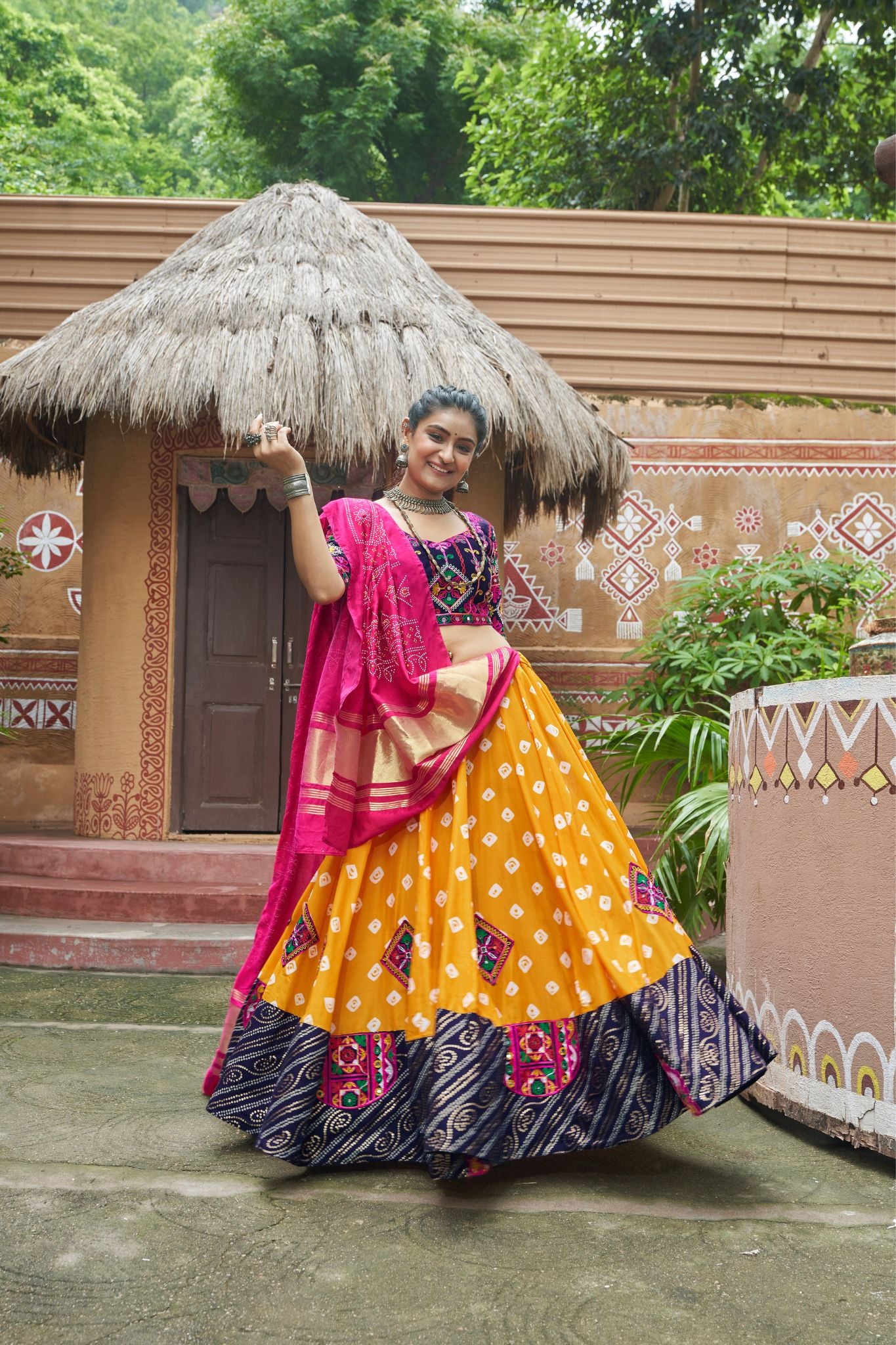 Yellow Embroidered And Mirror Work With Printed Lehenga Choli