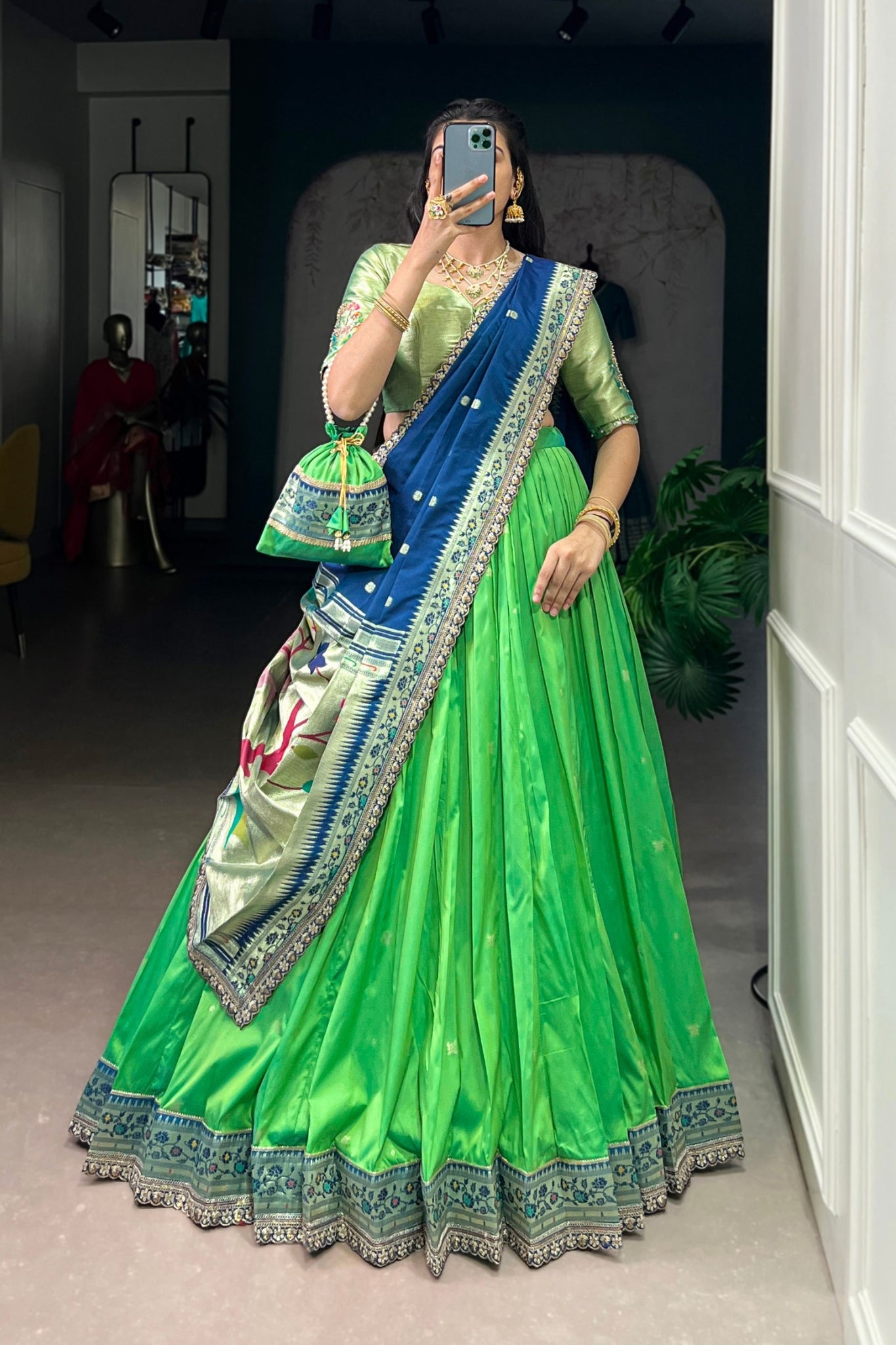 Designer Premium Paithani Soft Silk Zari Weaving Sequins With Thread Embroidery Lehenga Set