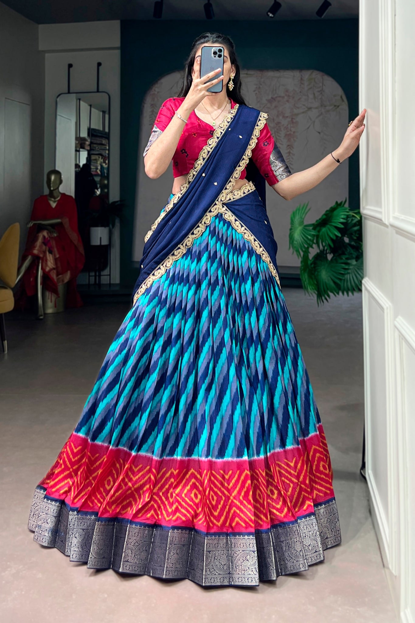 Designer Tasar Silk Leheriya Print Lehenga Choli