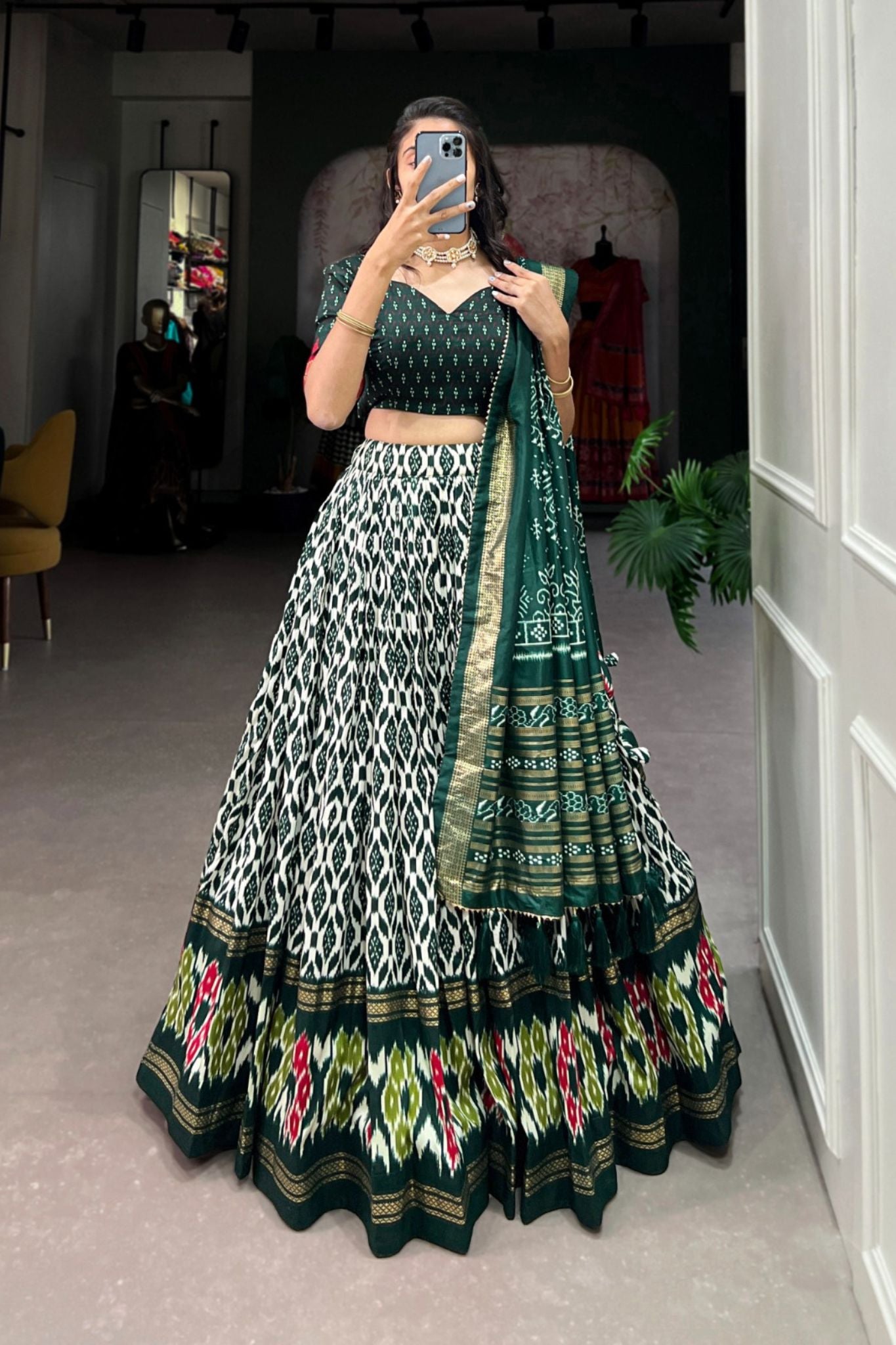 Stylish Ikkat Print Foil Work Lehenga Choli