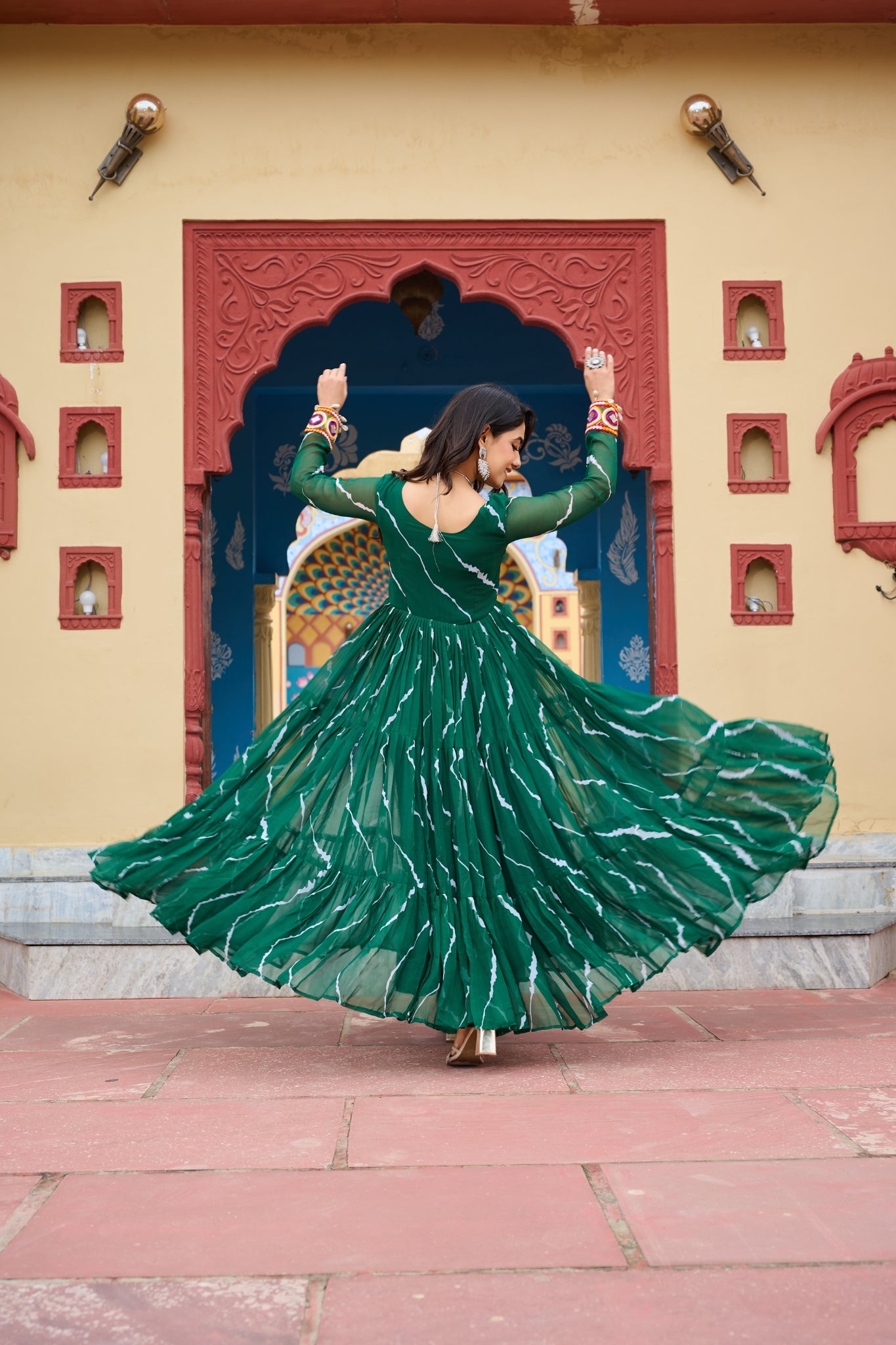 Stunning Laheriya Print With Kutchi Patch Work Georgette Stylish Navratri Gown