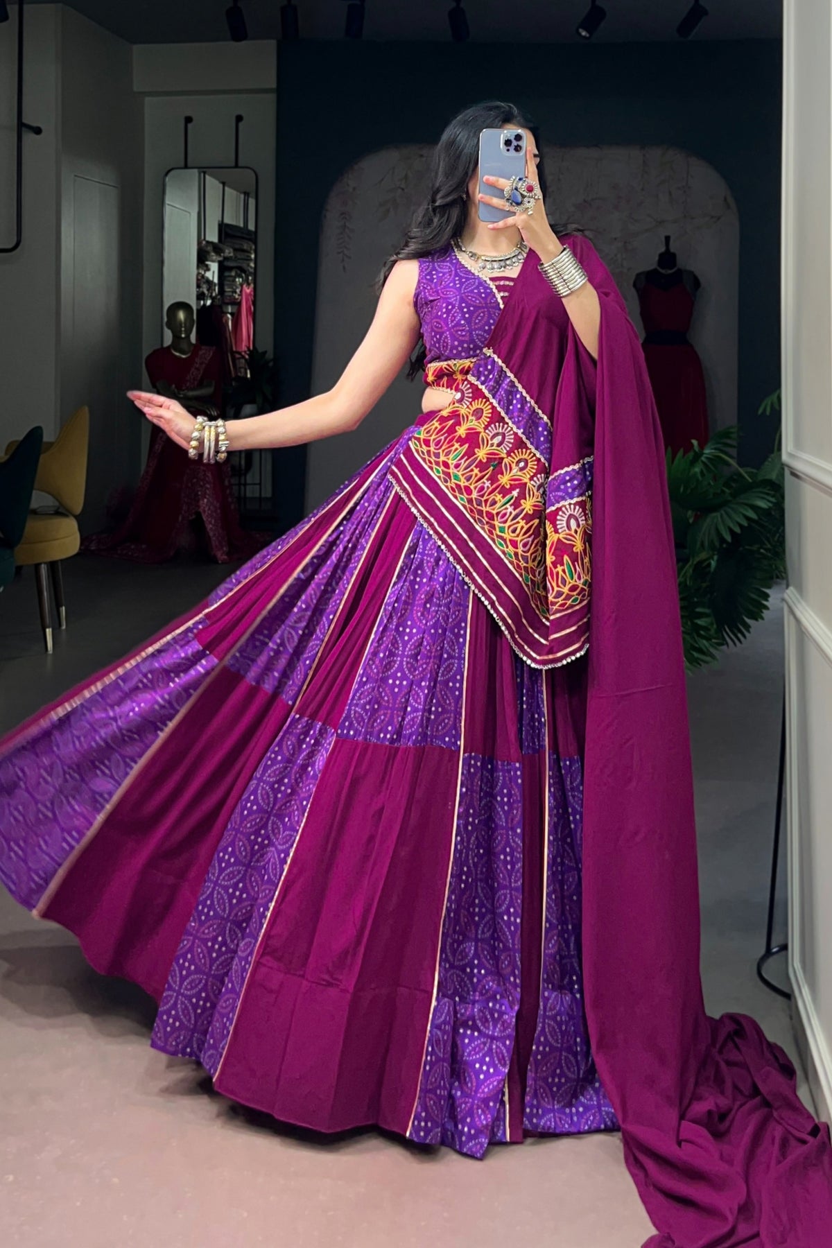 Tasar Silk Bandhej Print Panelled Lehenga With Gamthi Work Designer Lehenga Choli For Navratri