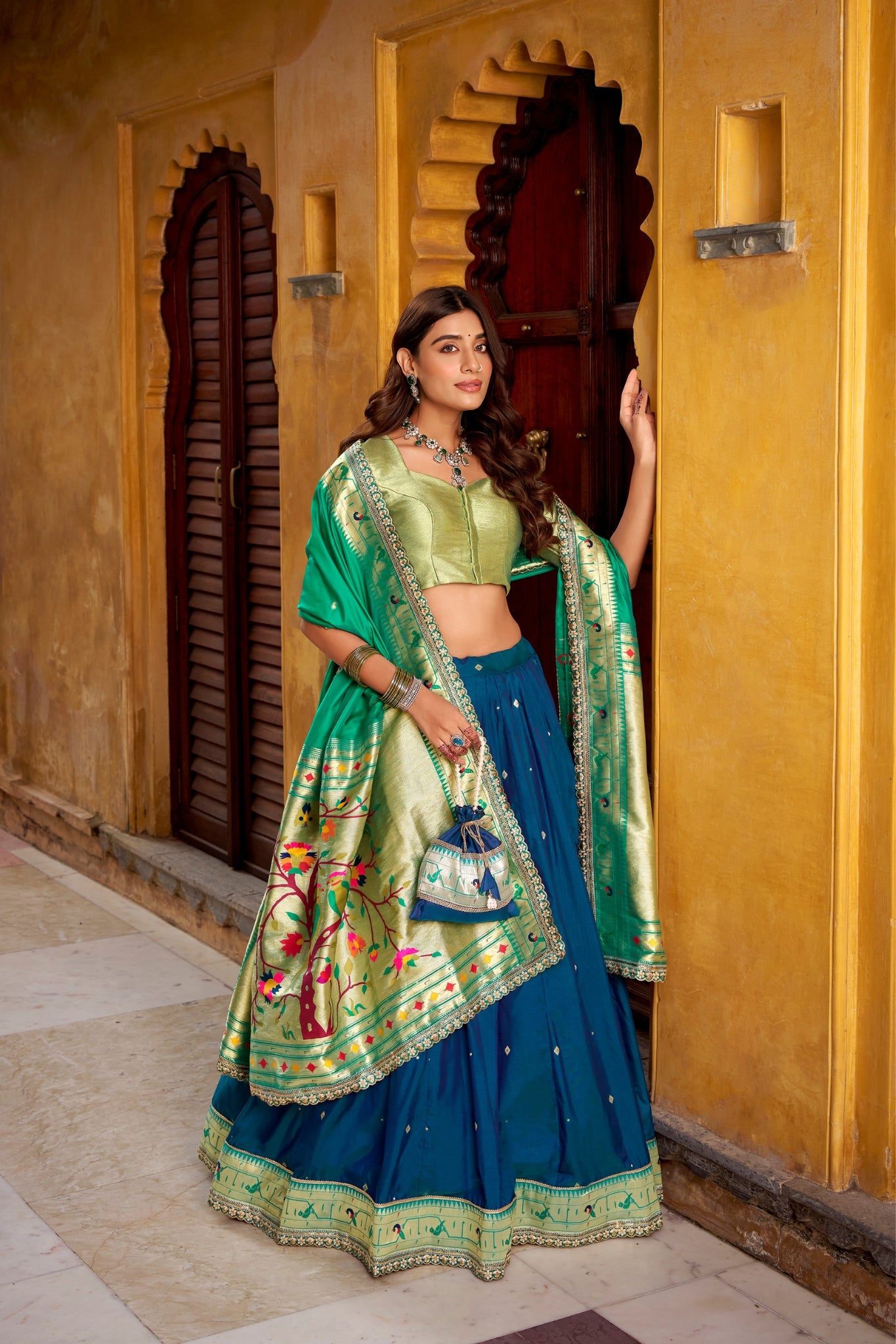 Designer Premium Paithani Soft Silk Zari Weaving Sequins With Thread Embroidery Lehenga Set