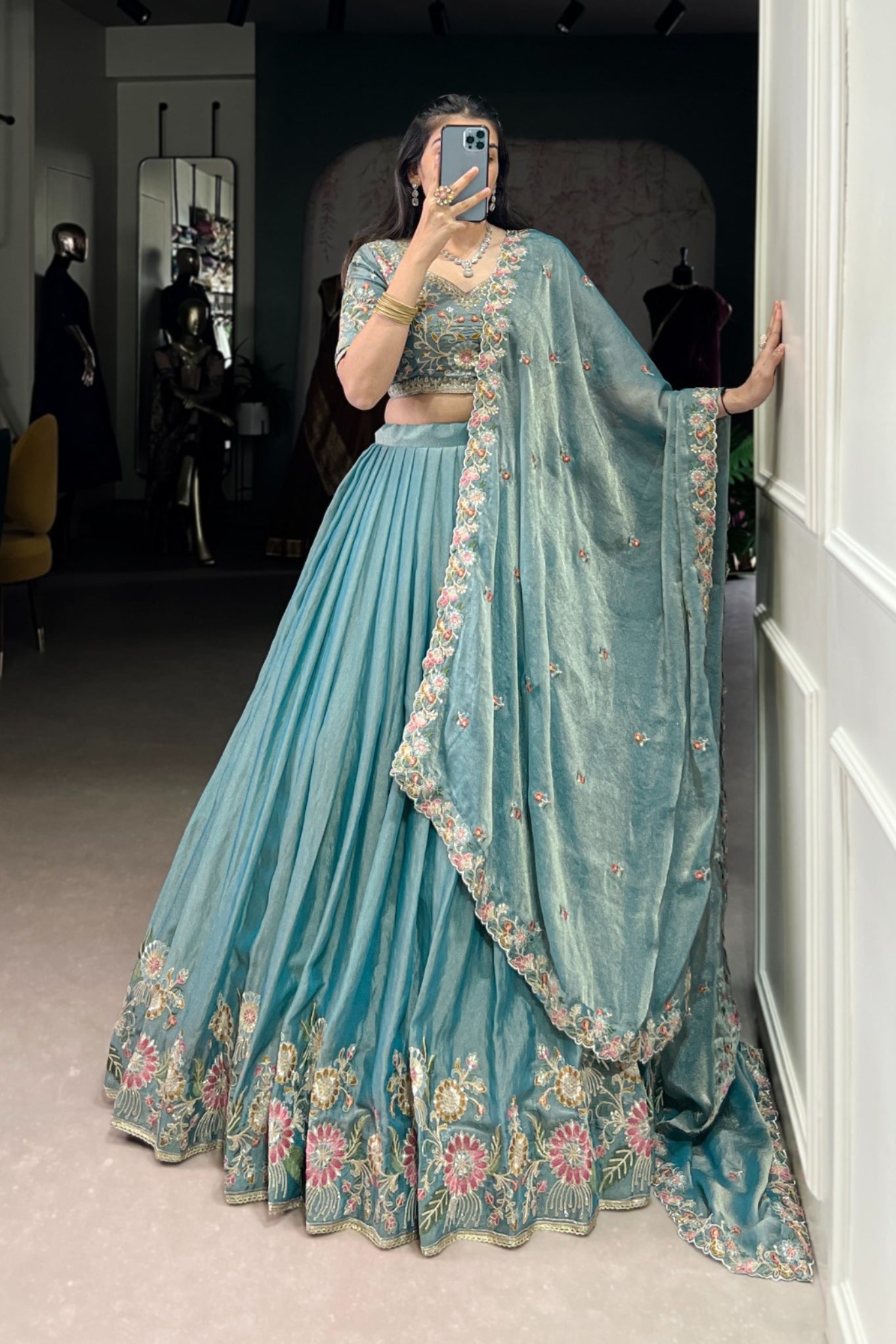 Sky Blue Zari Shimmer Sequins Tread Embroidered Work Wedding Lehenga Choli