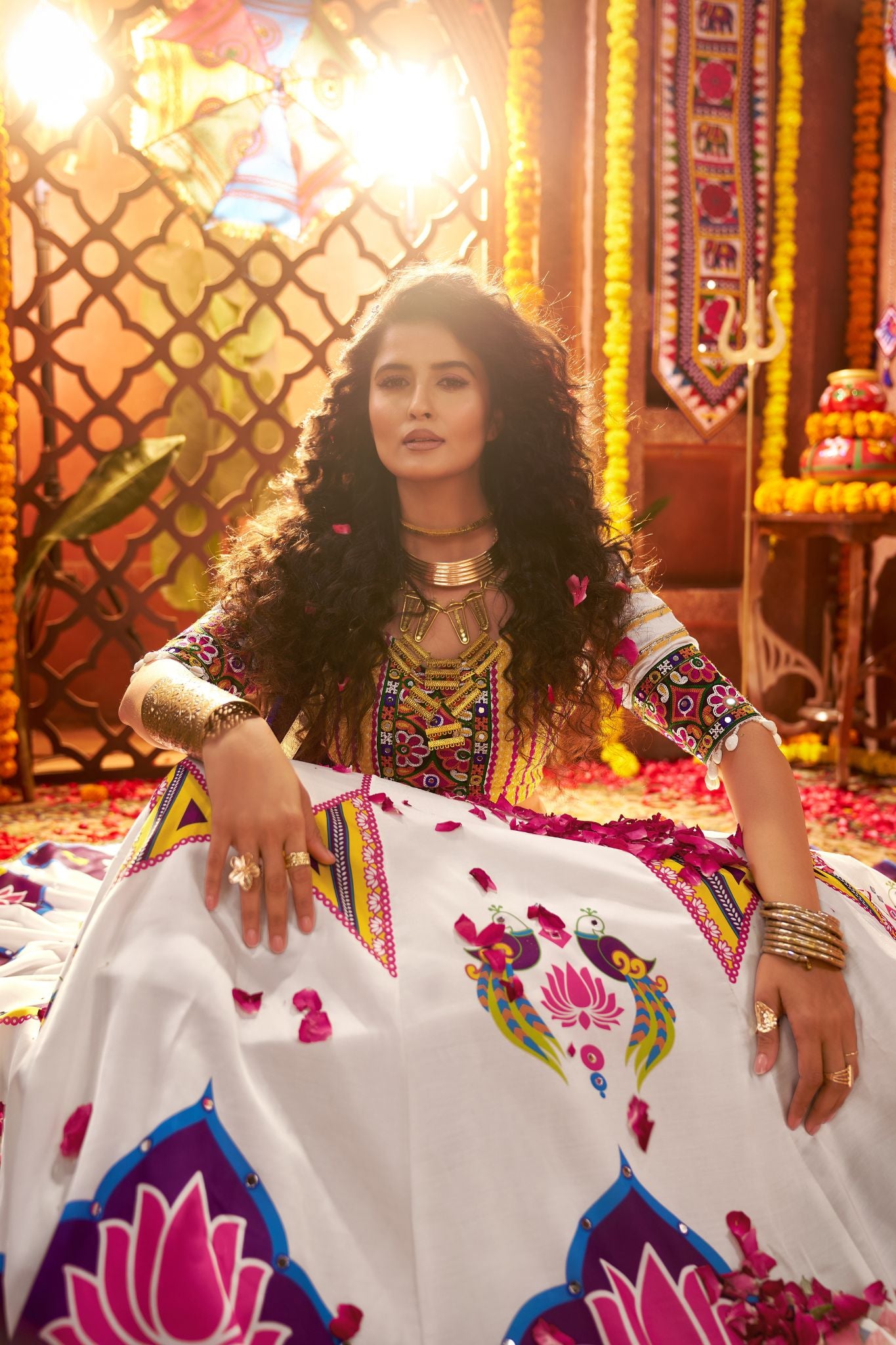 Designer White Navratri Lehenga Choli With Mirror And Hand Embroidery Work