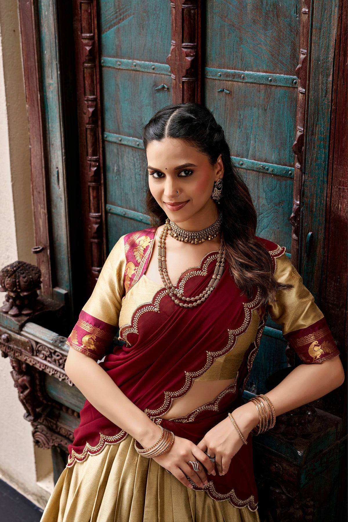 Buy South Indian Cotton Silk Lehenga Choli With Zari Woven Border