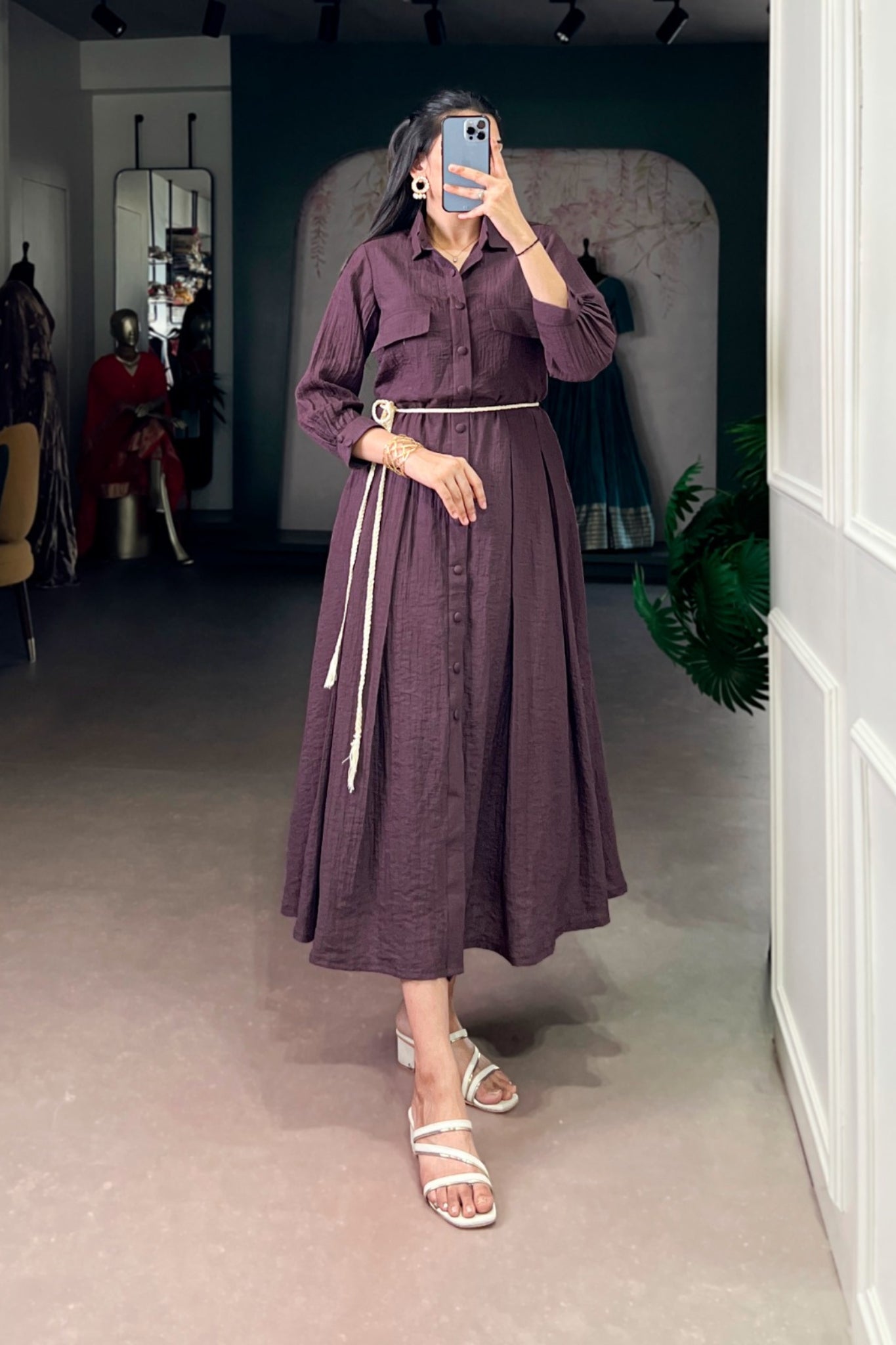 Premium Crackle Fabric Button Down Midi Frock For Women