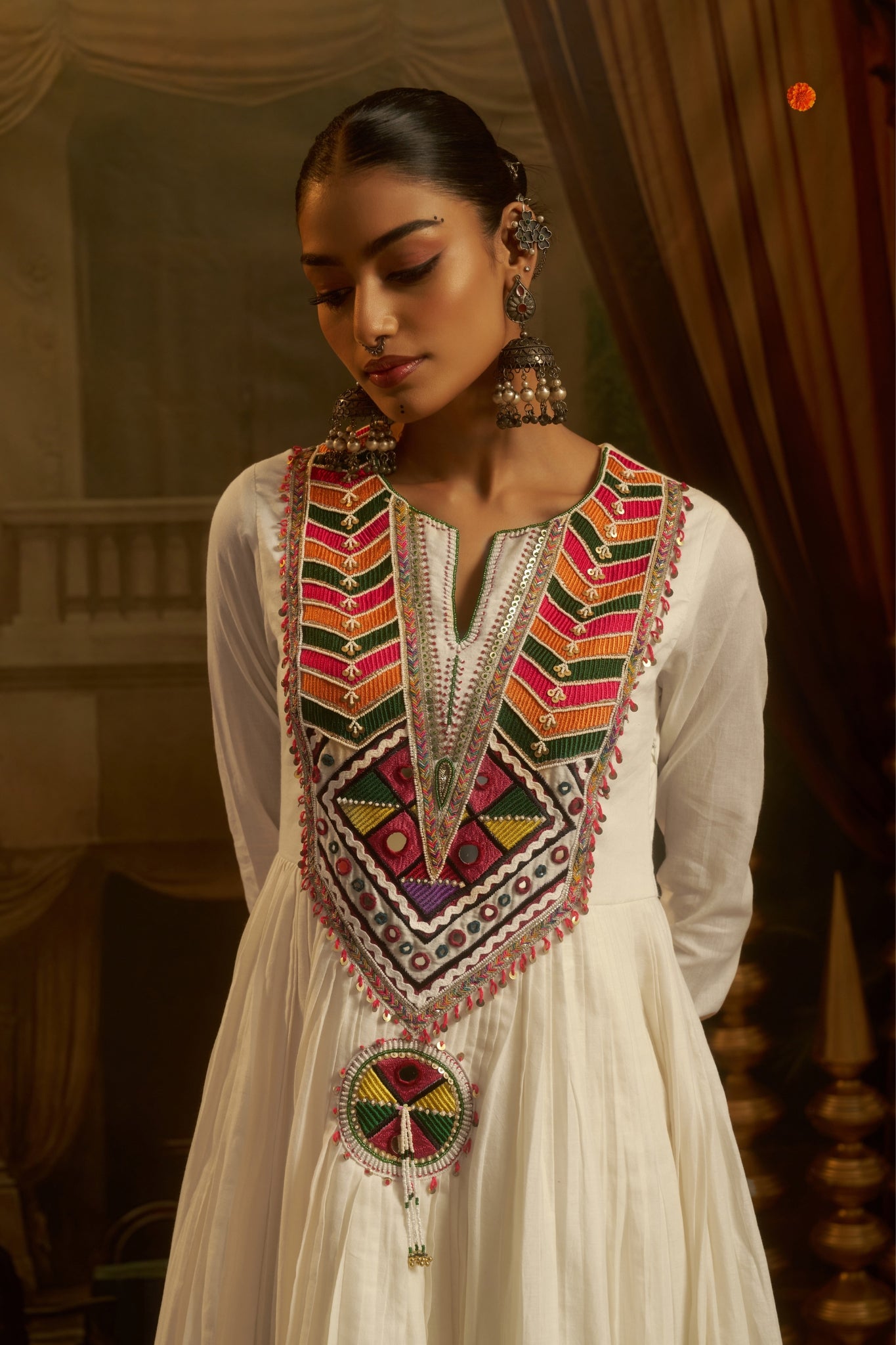 White Mul Cotton Hand embroidered Mirror Work Anarkali Set For Women