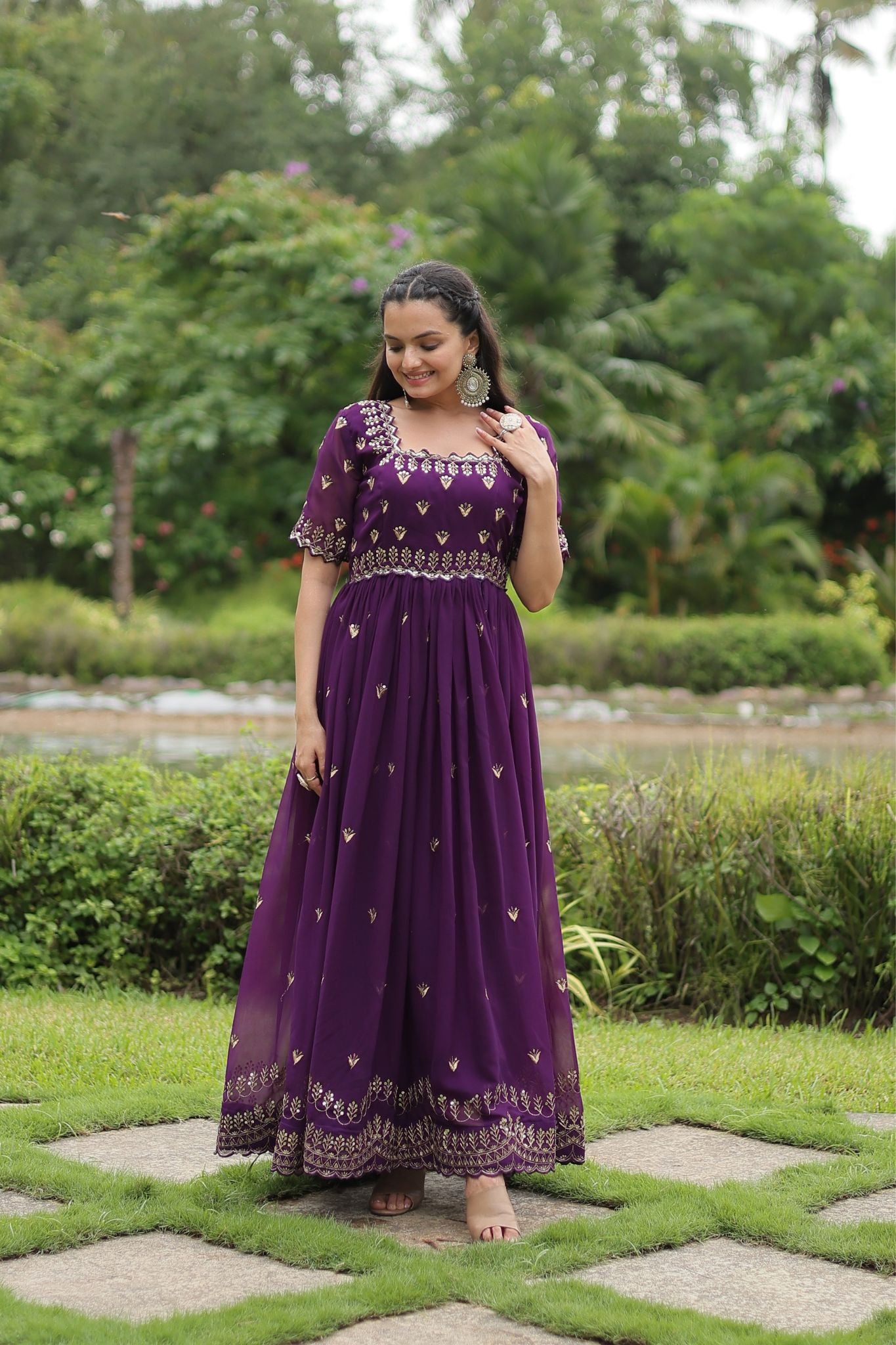 Luxury Zari Thread Sequins Embroidery Work Gown