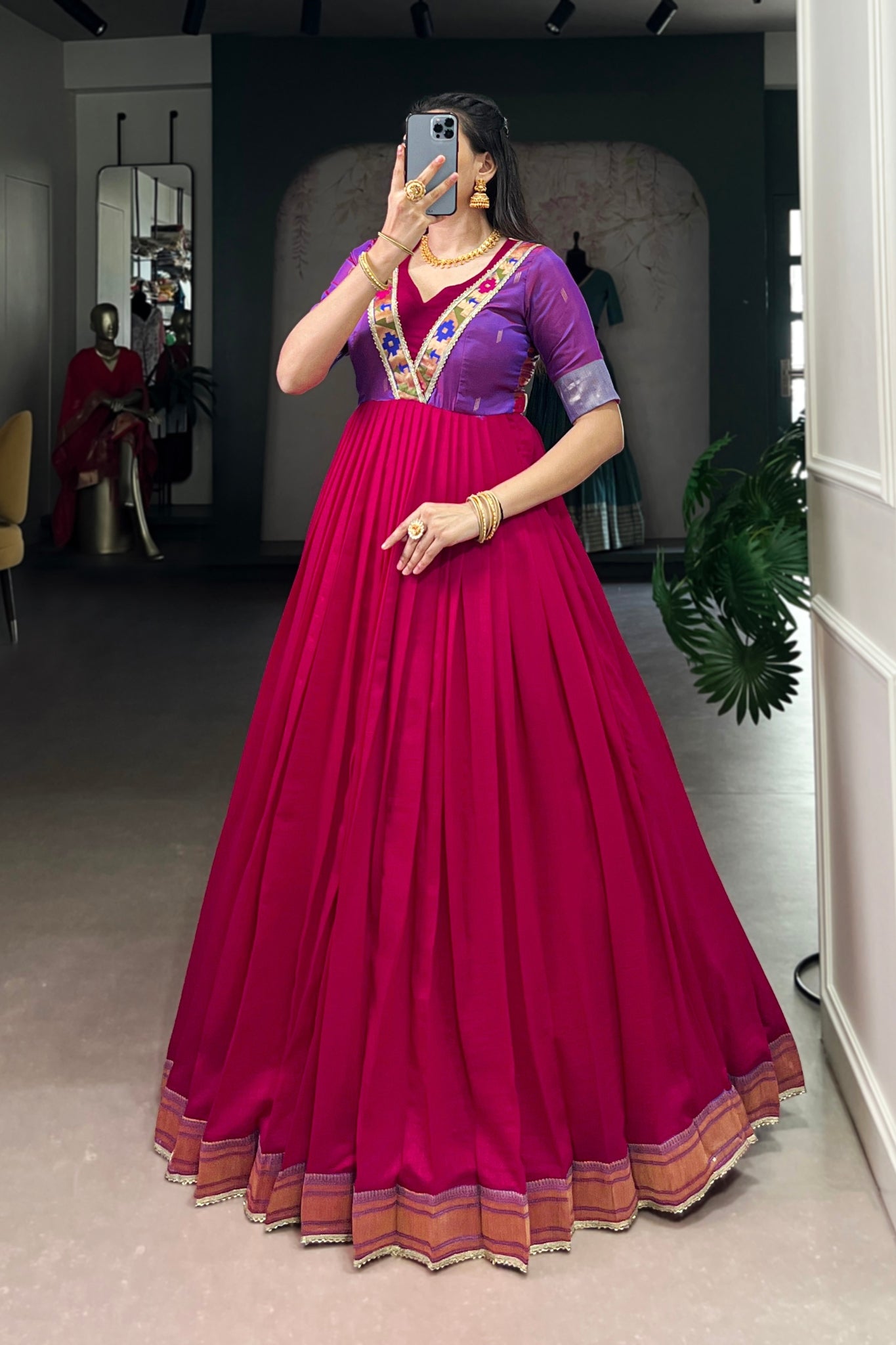 Premium Pink Vichitra Silk Zari Woven Flared Dress With Lace Detailing