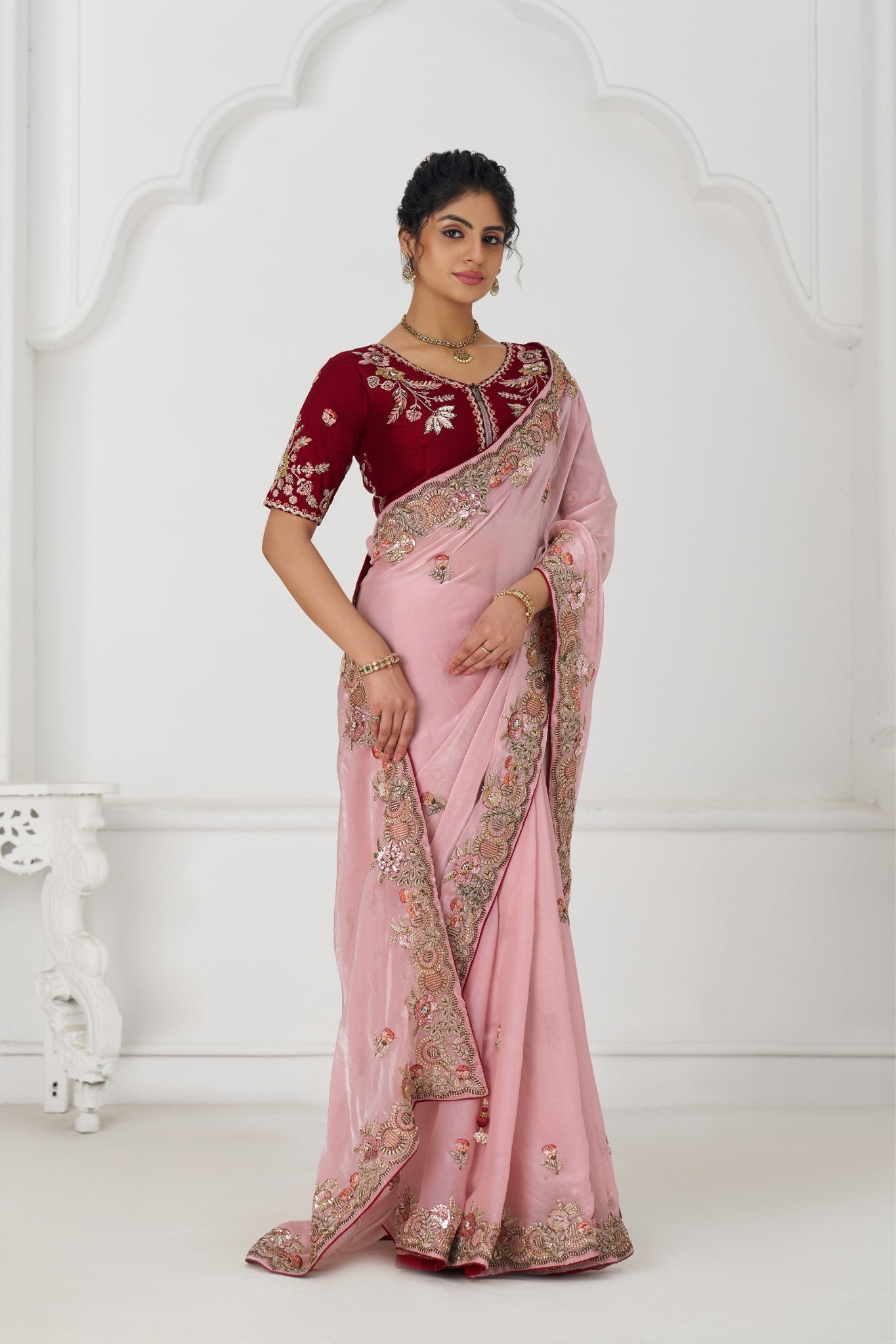 Pink Stylish Pure Fendi Silk Designer Saree