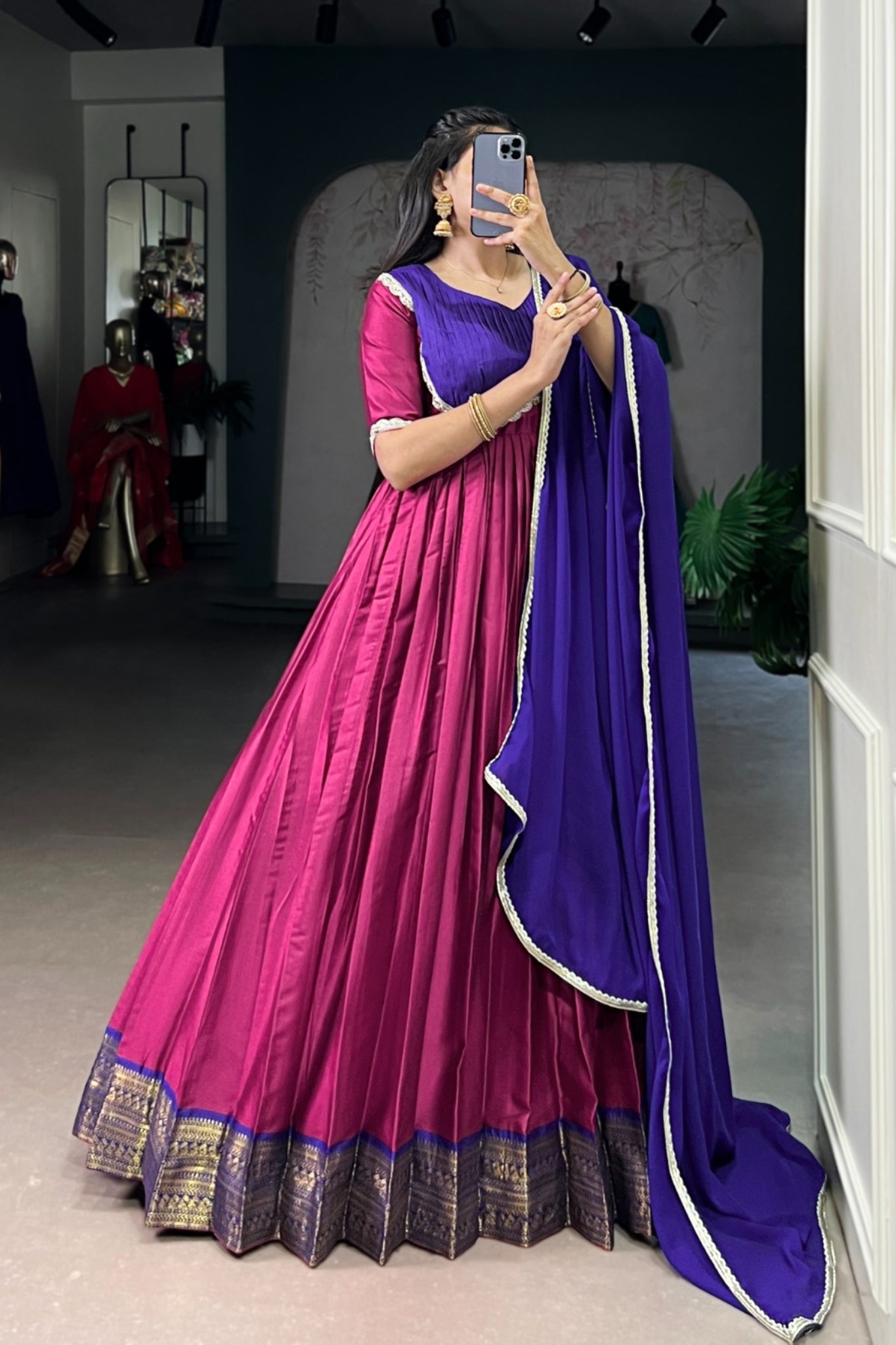 Designer Aura Silk Zari Weaving Gown With Georgette Lace Dupatta