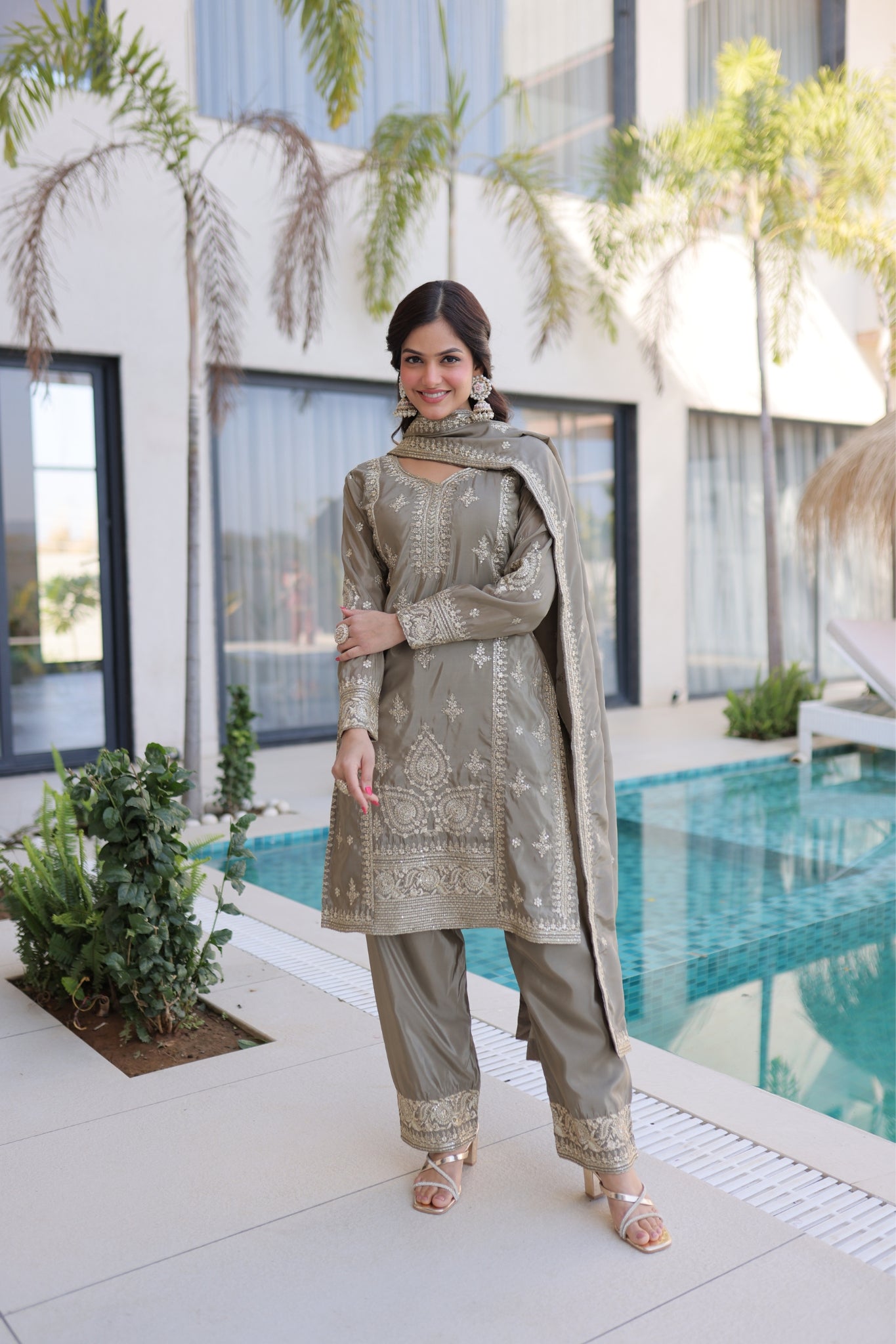 Luxury Ho Silk Designer Multi With Thread Embroidery Suit Set