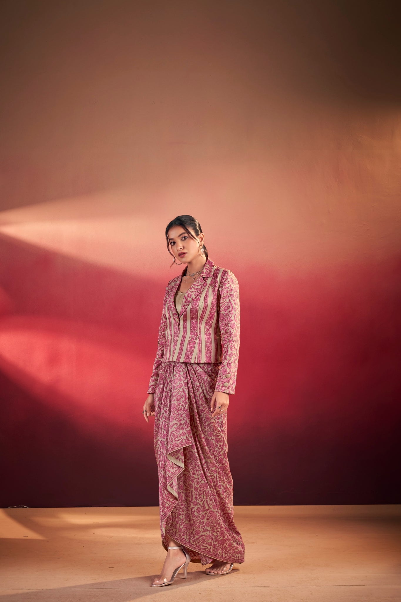 Premium Printed Tasar Silk Co-Ord Set With Draped Skirt & Tailored Jacket