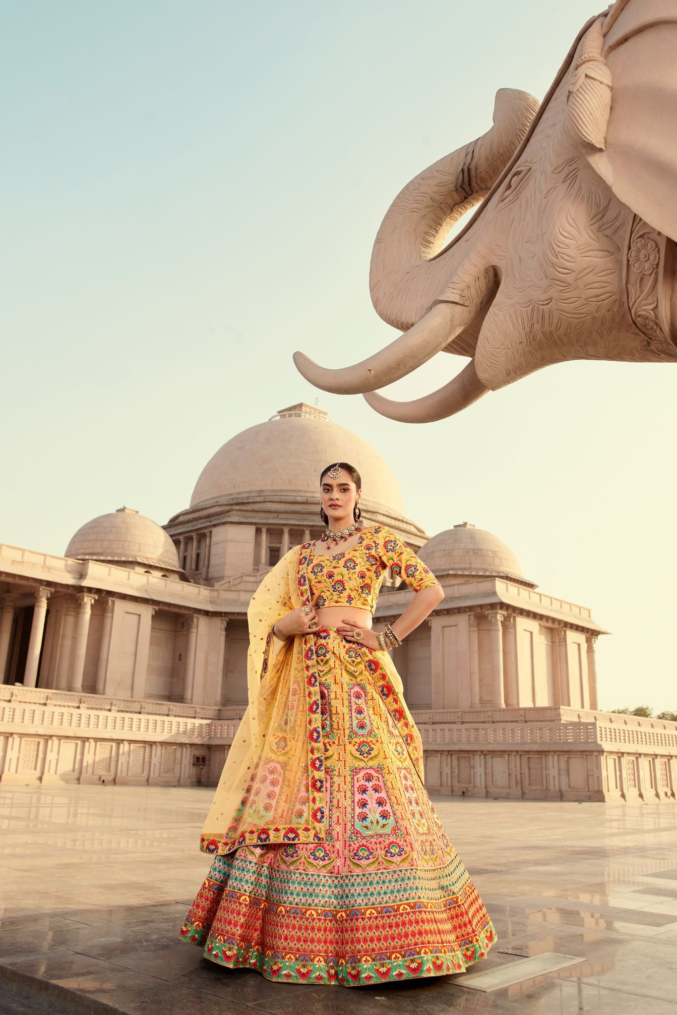 Yellow Embroidery With Print And Diamond Work Bridal Lehenga For Wedding