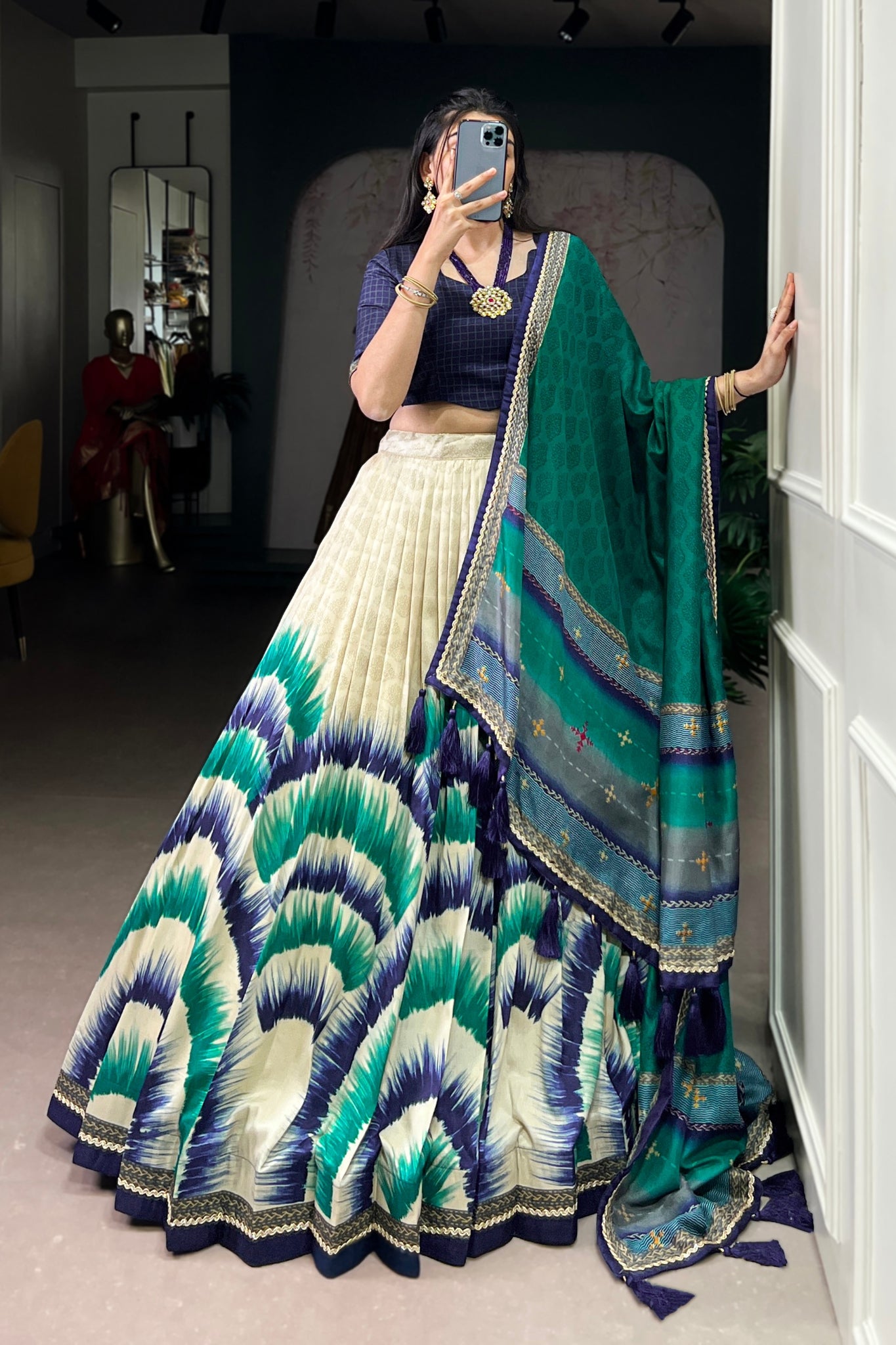 Tasar Silk Tie Dye Lehenga Set With Printed Dupatta And Chex Blouse