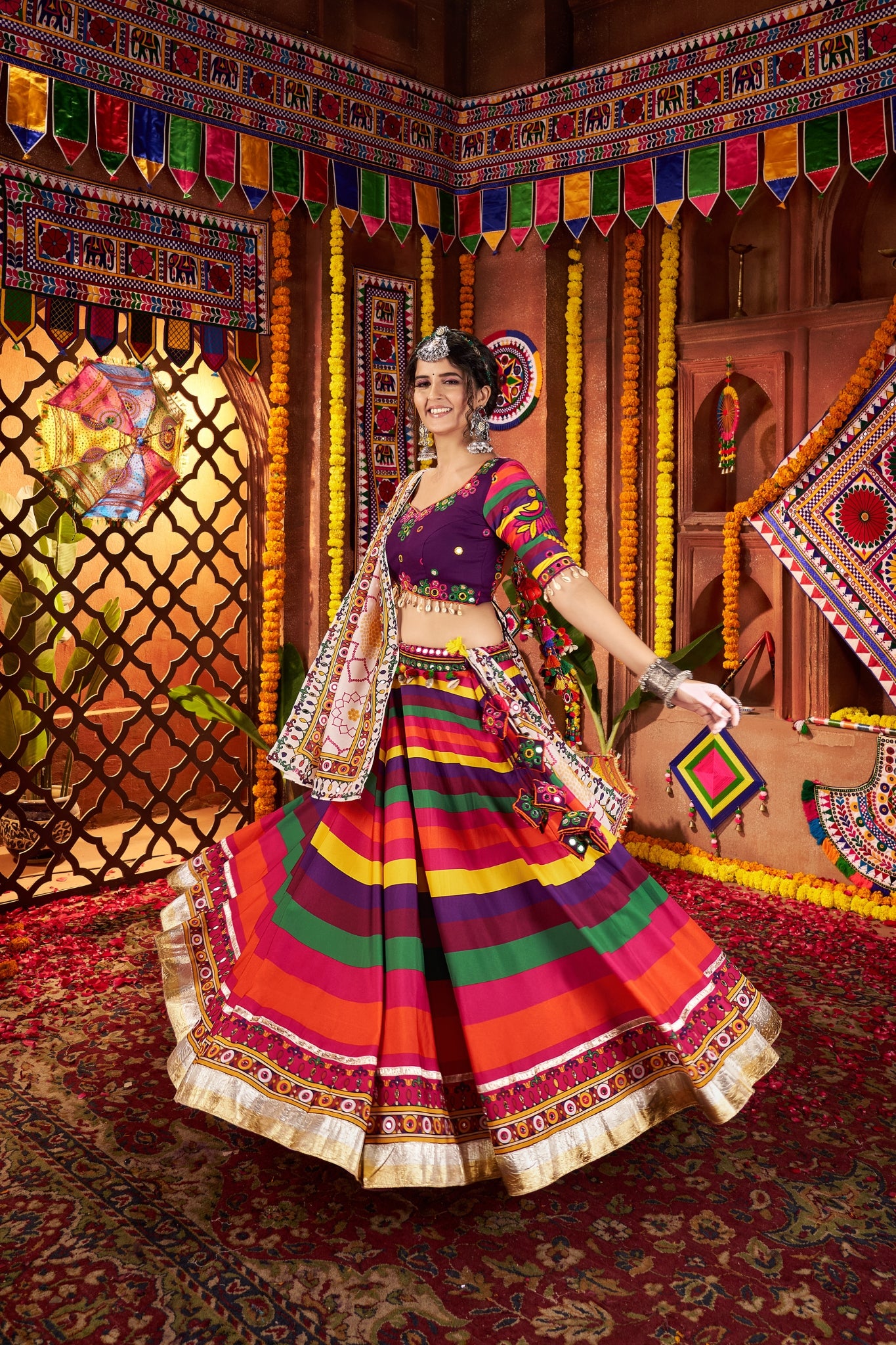 Multi Color Muslin Designer Stunning Print With Mirror Work Navratri Lehenga Choli