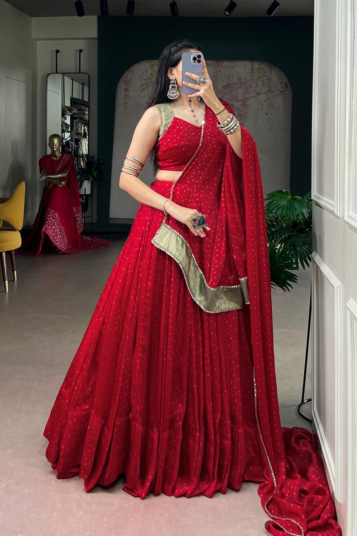 Red Traditional Bandhej Designer Navratri Lehenga Choli