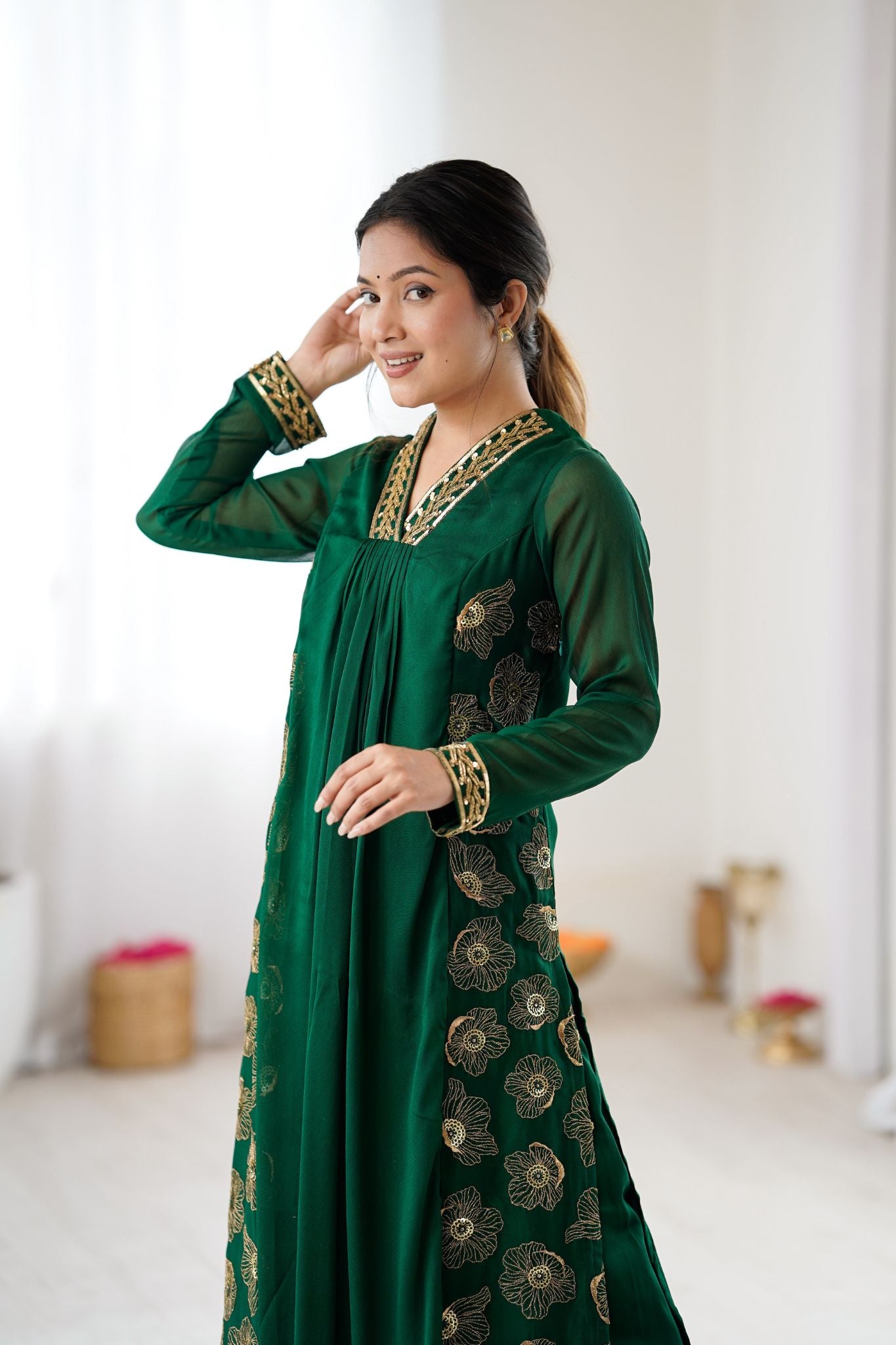 Emerald Green Floral Embroidered Designer Pure Georgette Kurta Set For Women