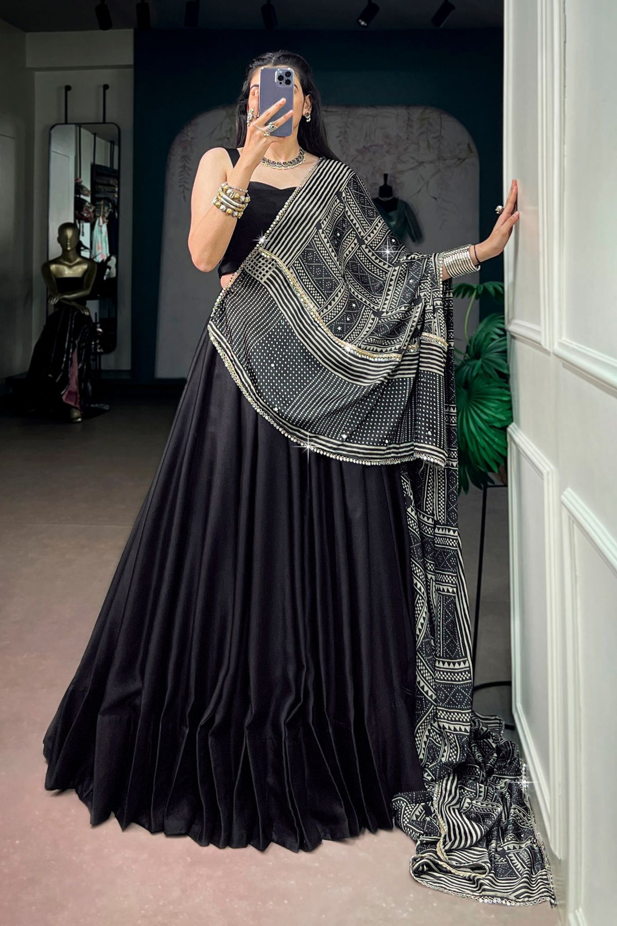 Navy Blue Navratri Designer Lehenga Choli With Printed Satin Dupatta