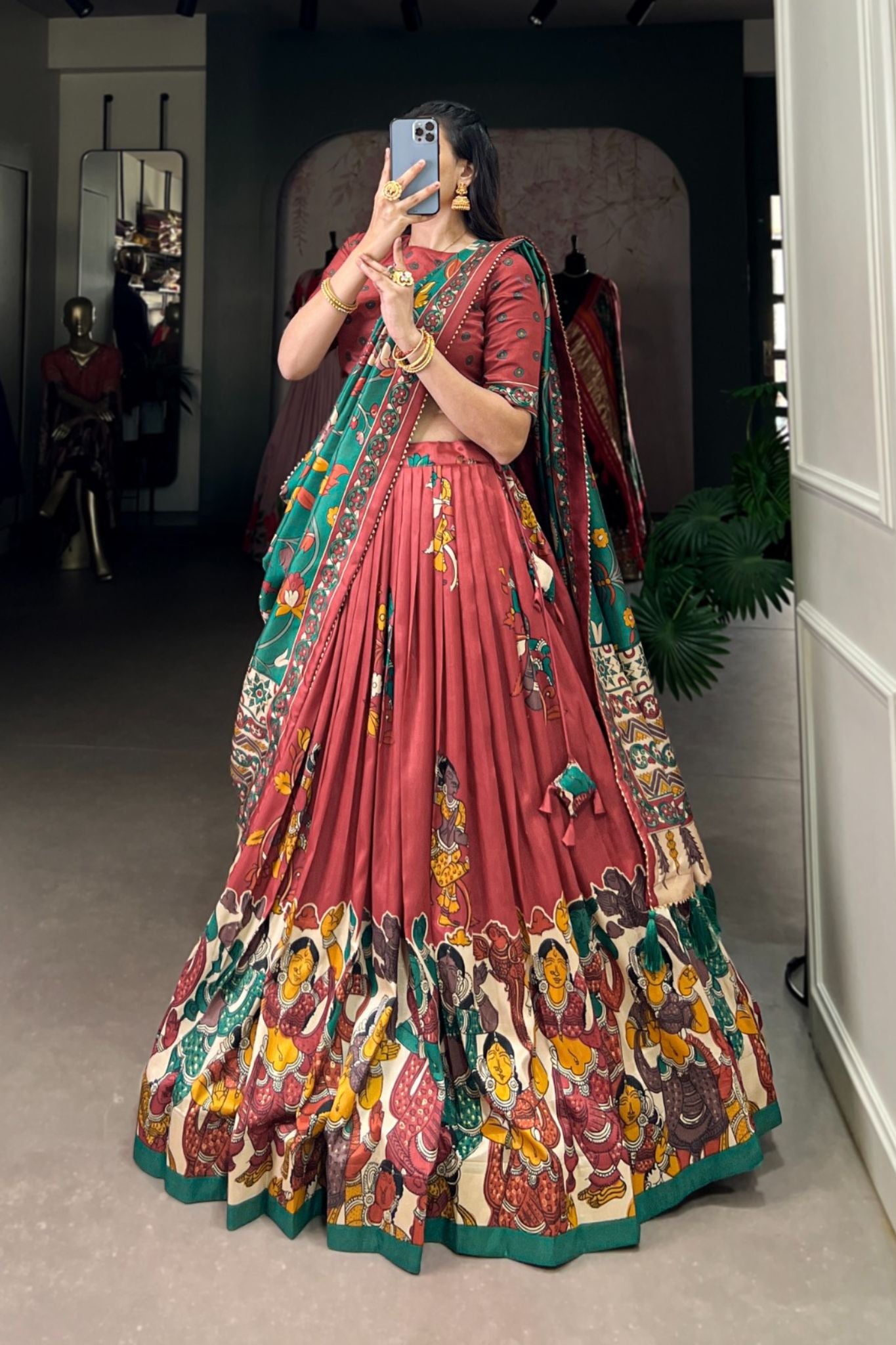 Kalamkari Printed Tussar Silk  Traditional Lehenga Choli