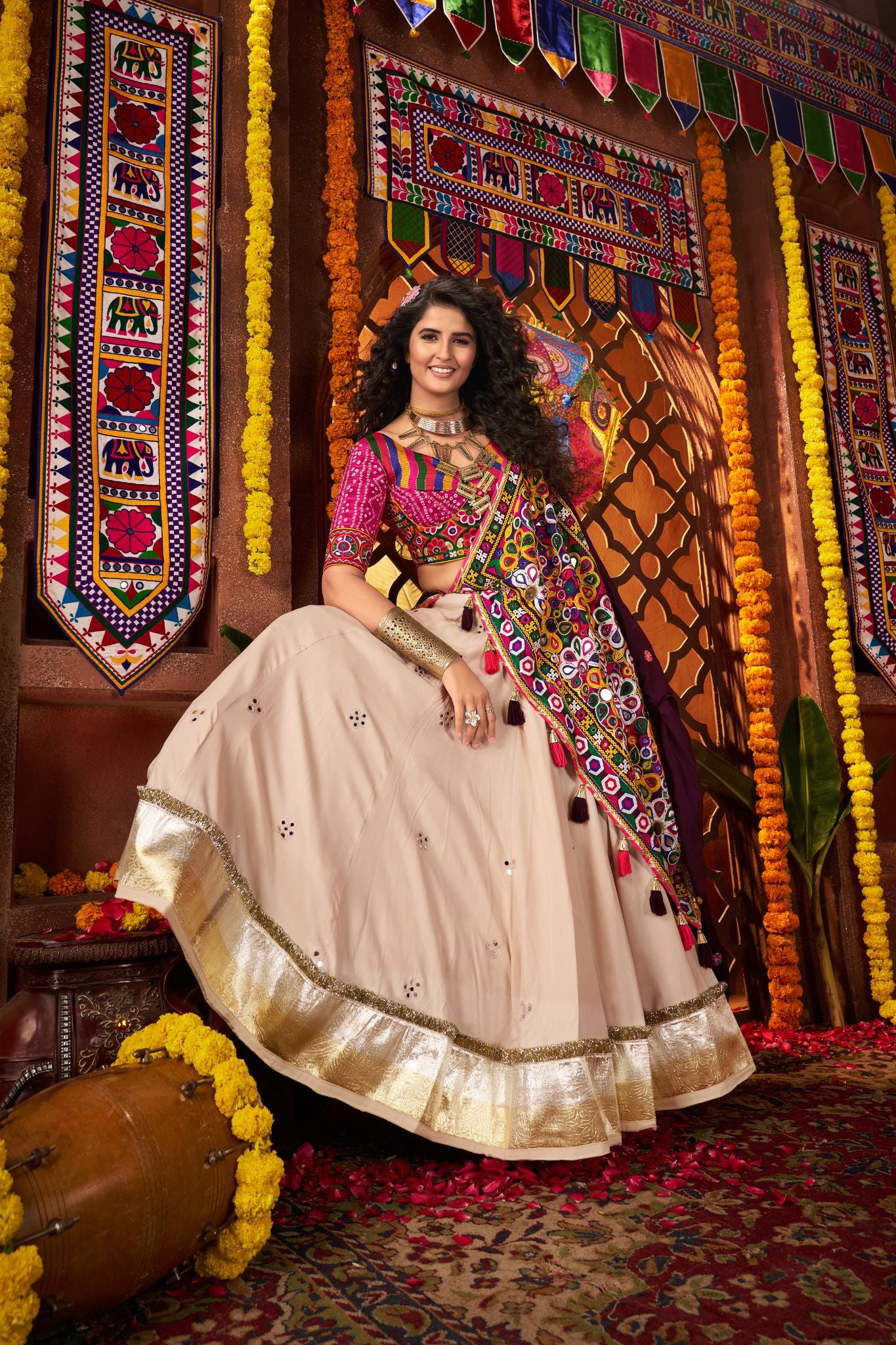 Navratri Special Kutchi Mirror Work Beige Lehenga Choli In Viscose Cotton