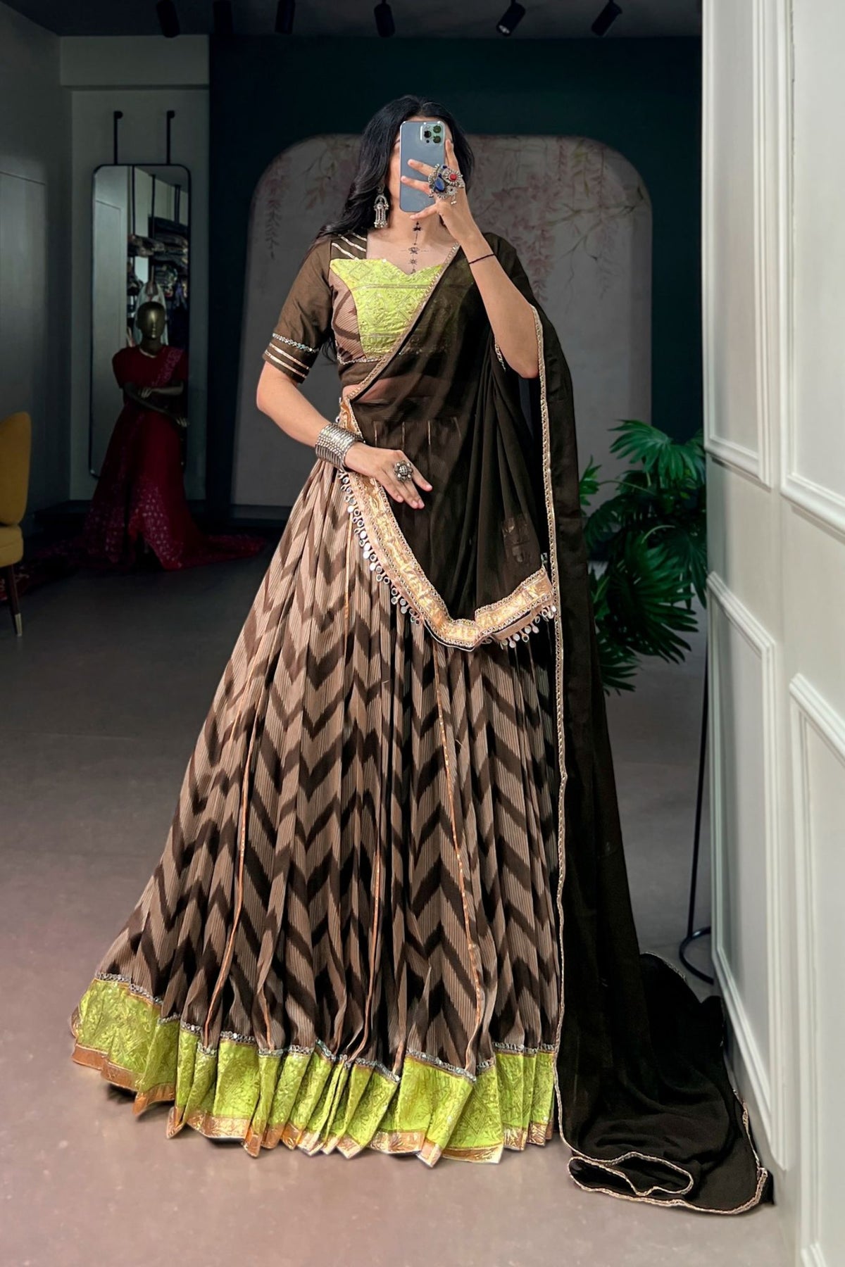 Designer Tasar Silk Mirror Work Navratri Chaniya Choli