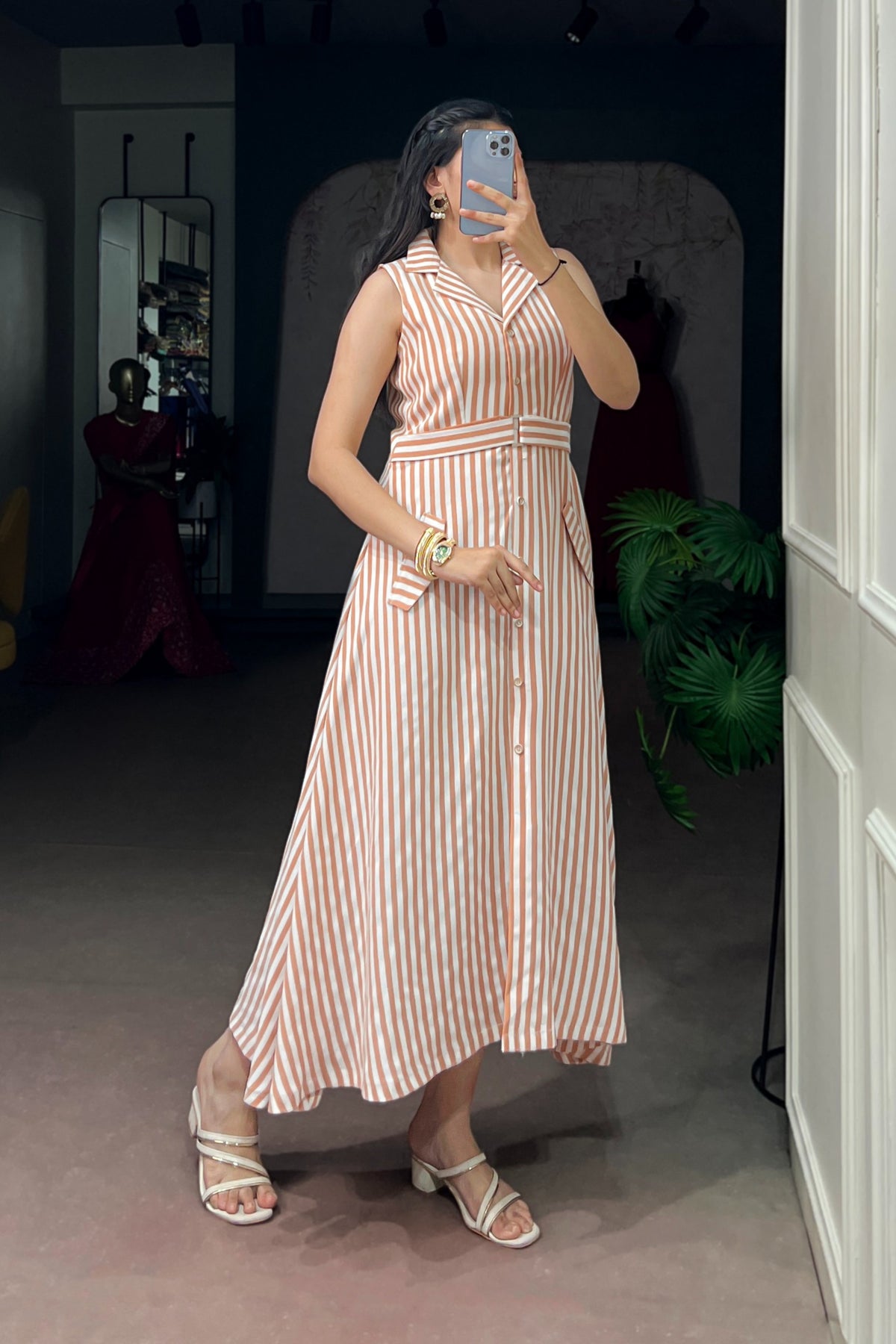 Peach Striped Pettal Silk Belted Dress