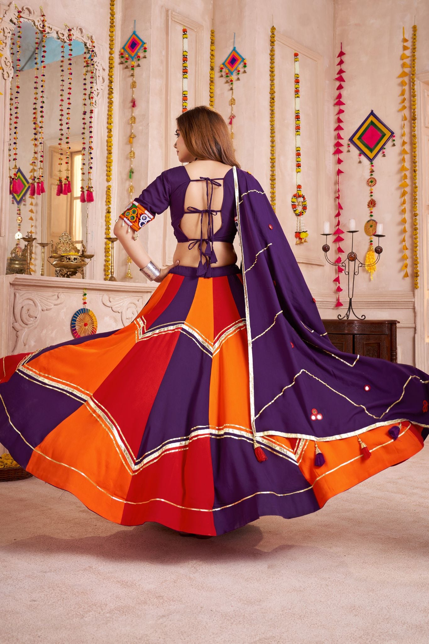 Designer Navratri Lehenga Choli With Handmade Ribbon And Mirror Work Dupatta