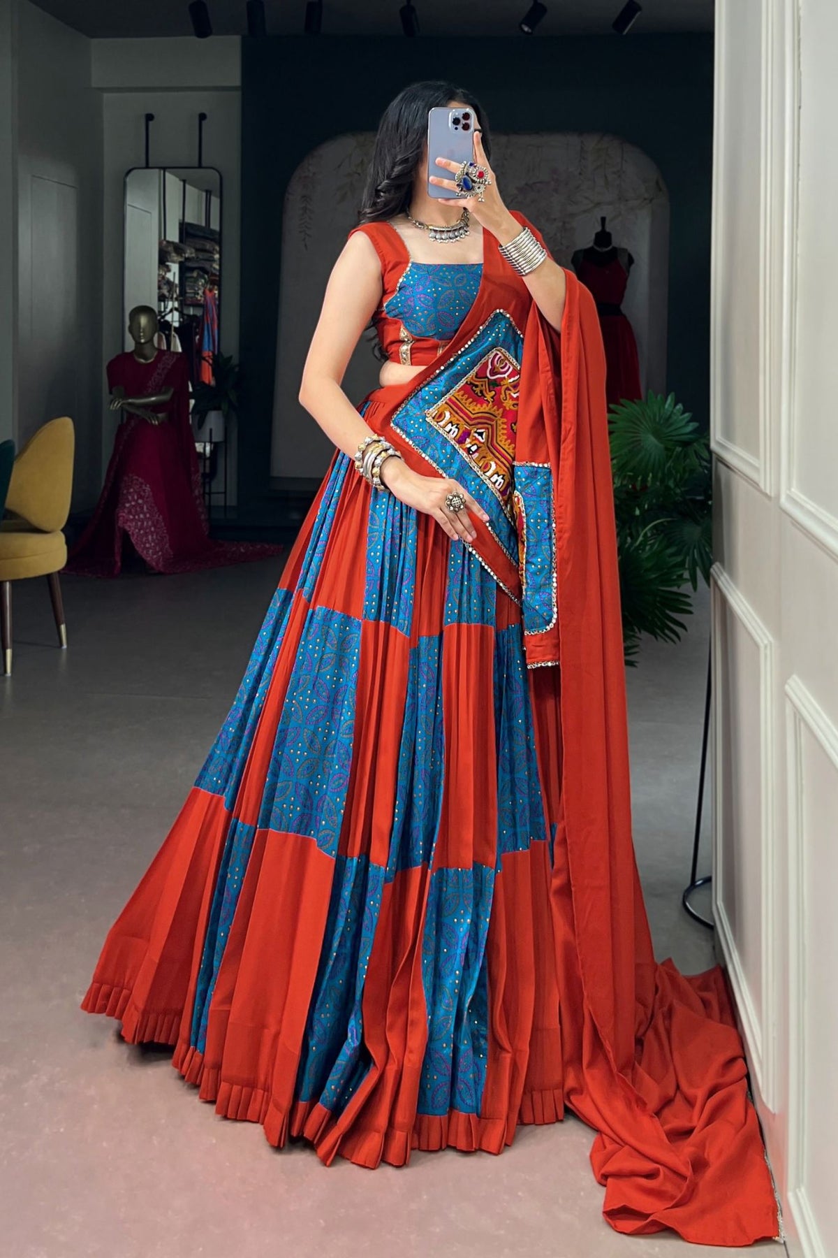 Tasar Silk Navratri Lehenga Choli With Gamthi & Mirror Work
