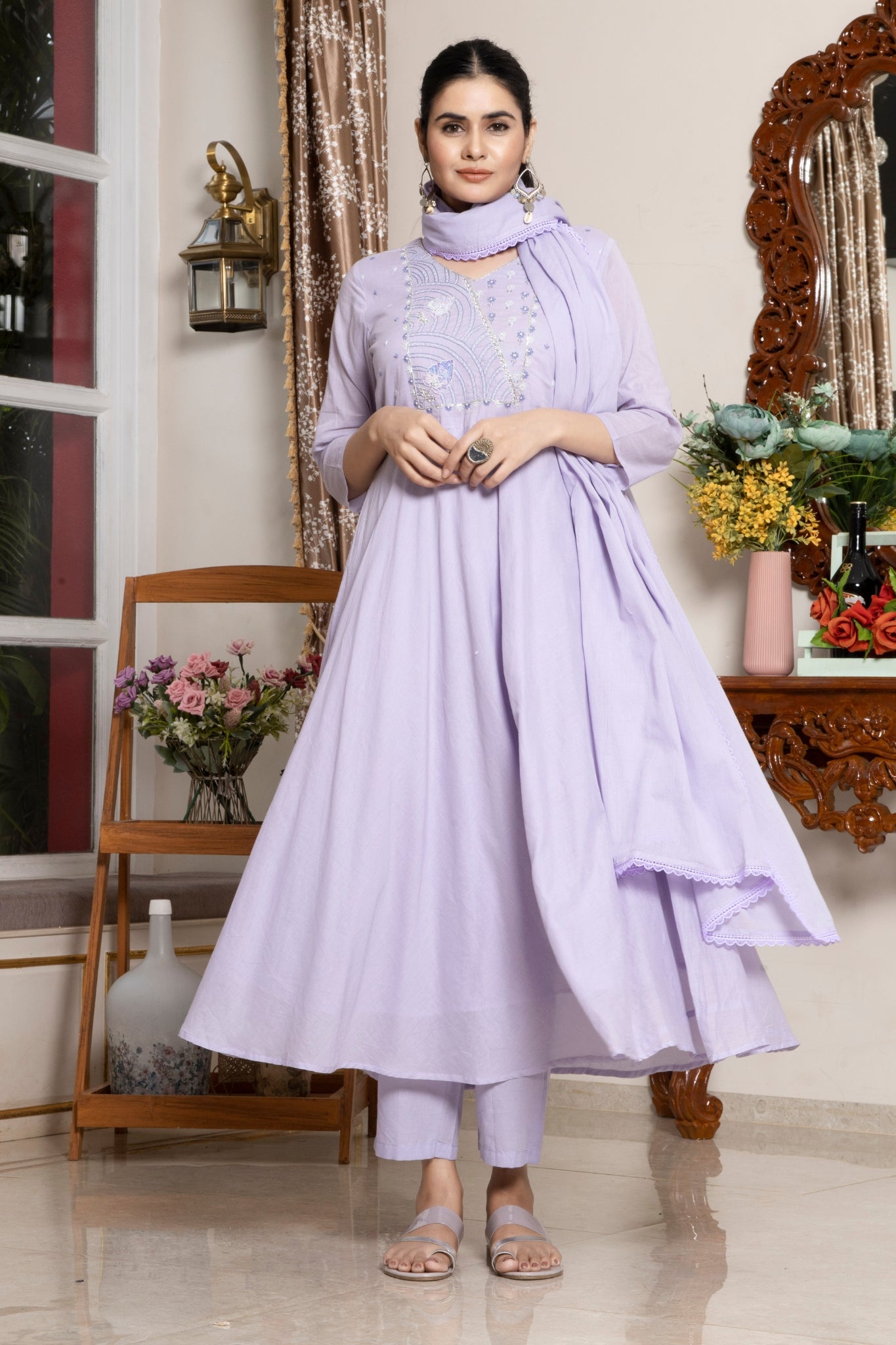 Elegant Soft Lavender Embroidered And Handwork Mal Cotton Anarkali Suit With Dupatta