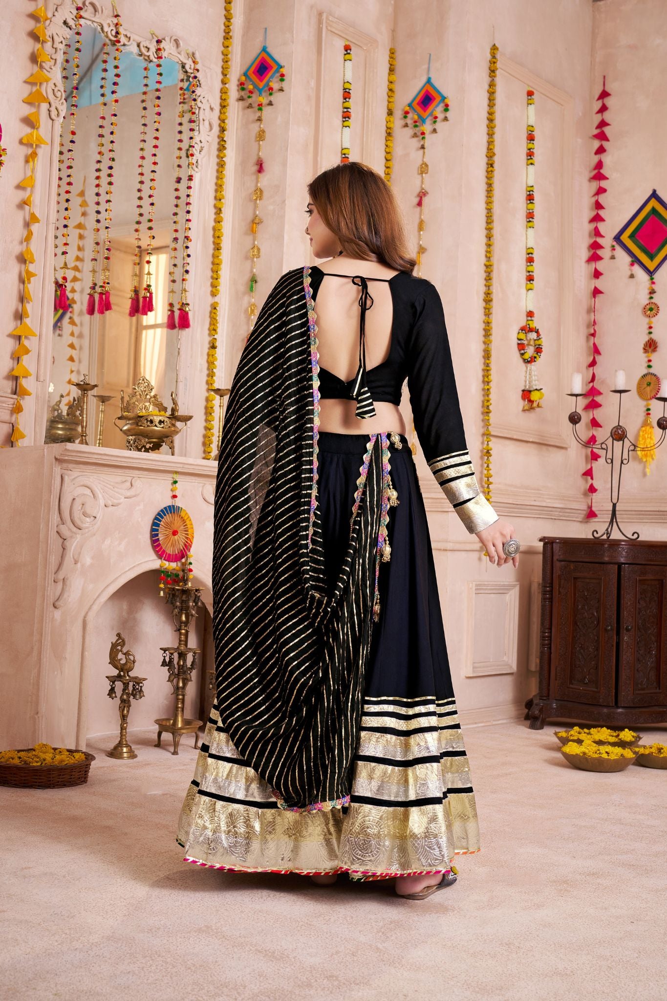 Black Handmade Designer Navratri Lehenga Choli With Jacquard Dupatta