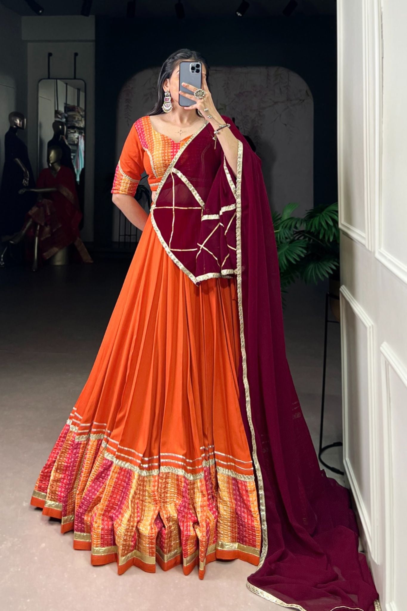 Vibrant Orange Pure Rayon Bandhej Print Traditional Lehenga Choli