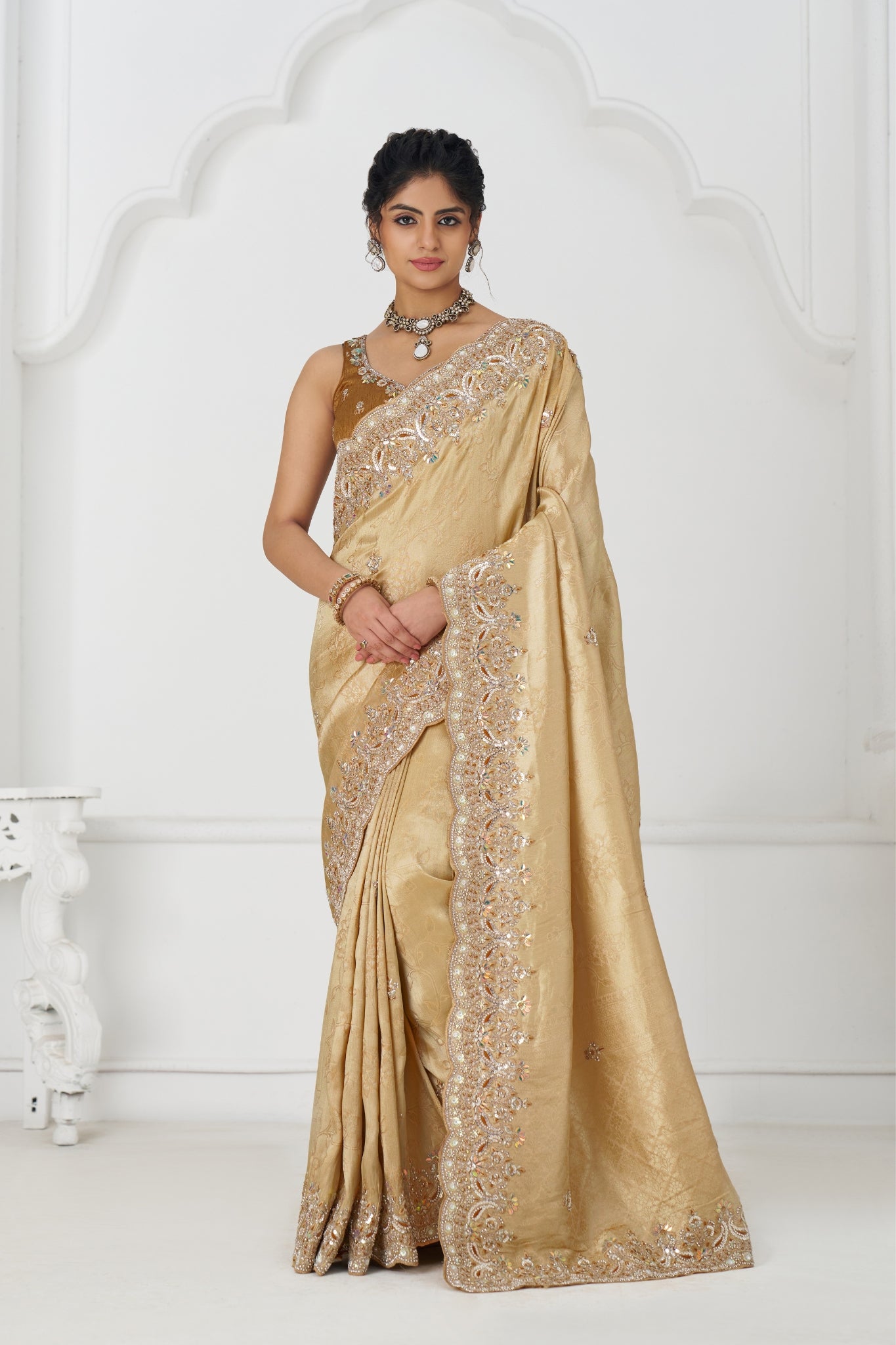 Golden Dola Viscose Silk Saree For Wedding With Beads Embroidery & Sequins Work