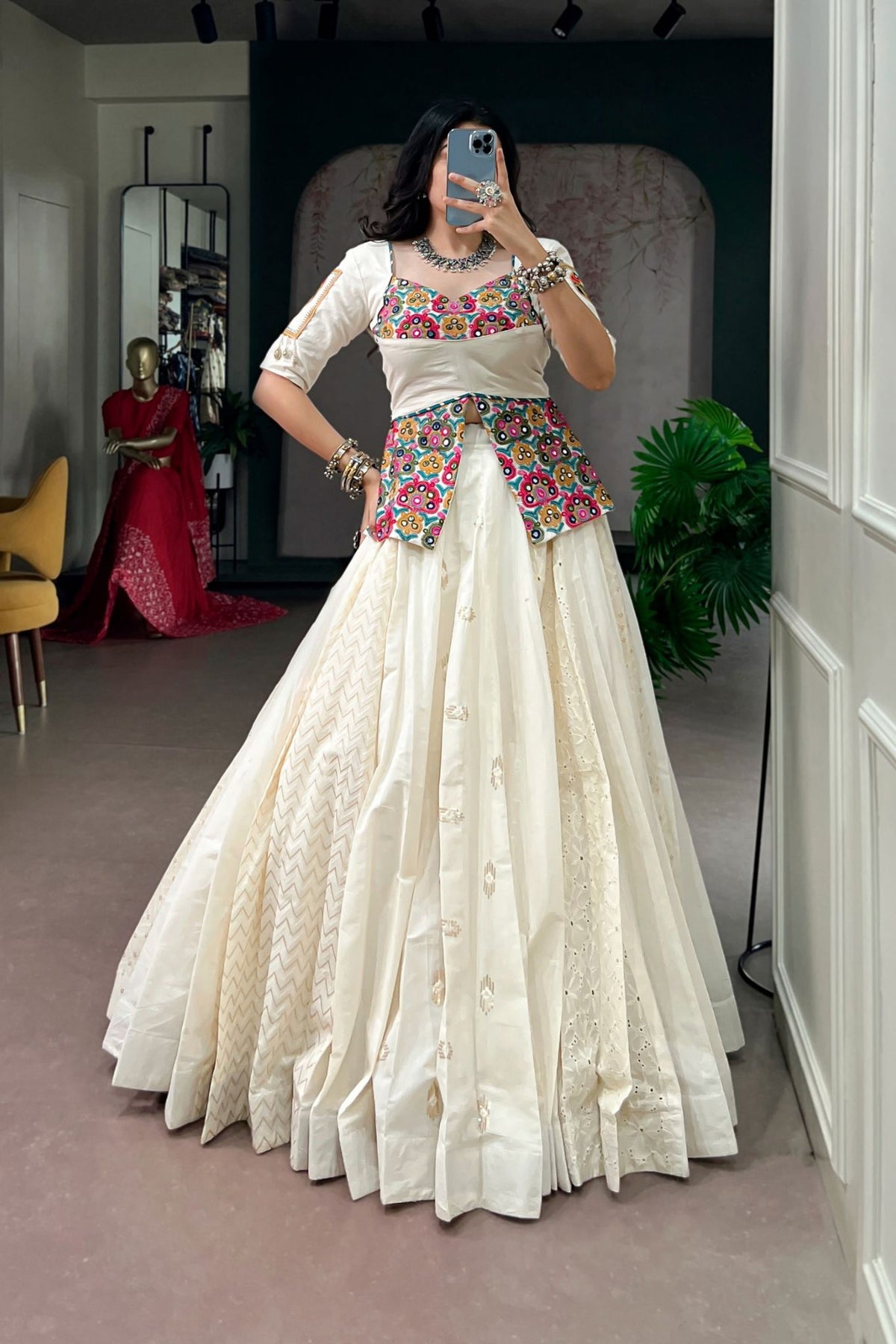 Off-White Cotton Designer Gamthi Work Navratri Lehenga Choli