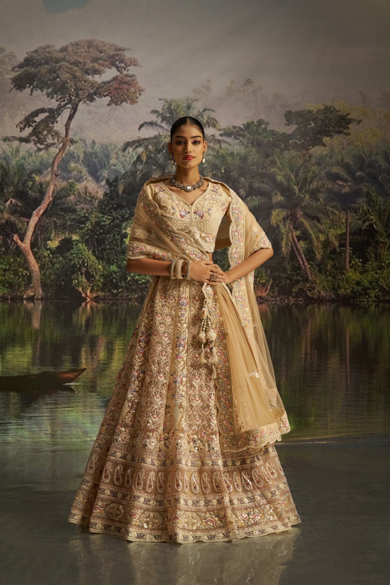 Regal Pastel Gold Heavy Embroidered Bridal Lehenga Set