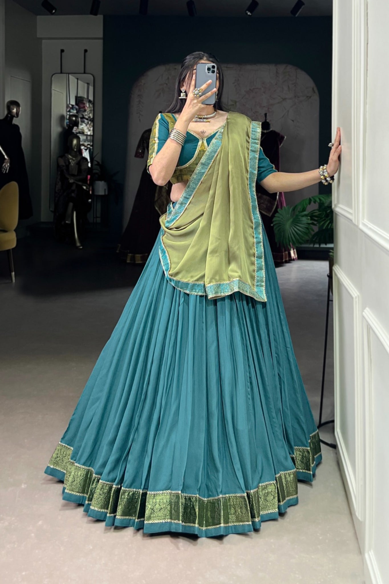 Teal Pure Rayon Designer Zari Weaving Work Navratri Lehenga Choli