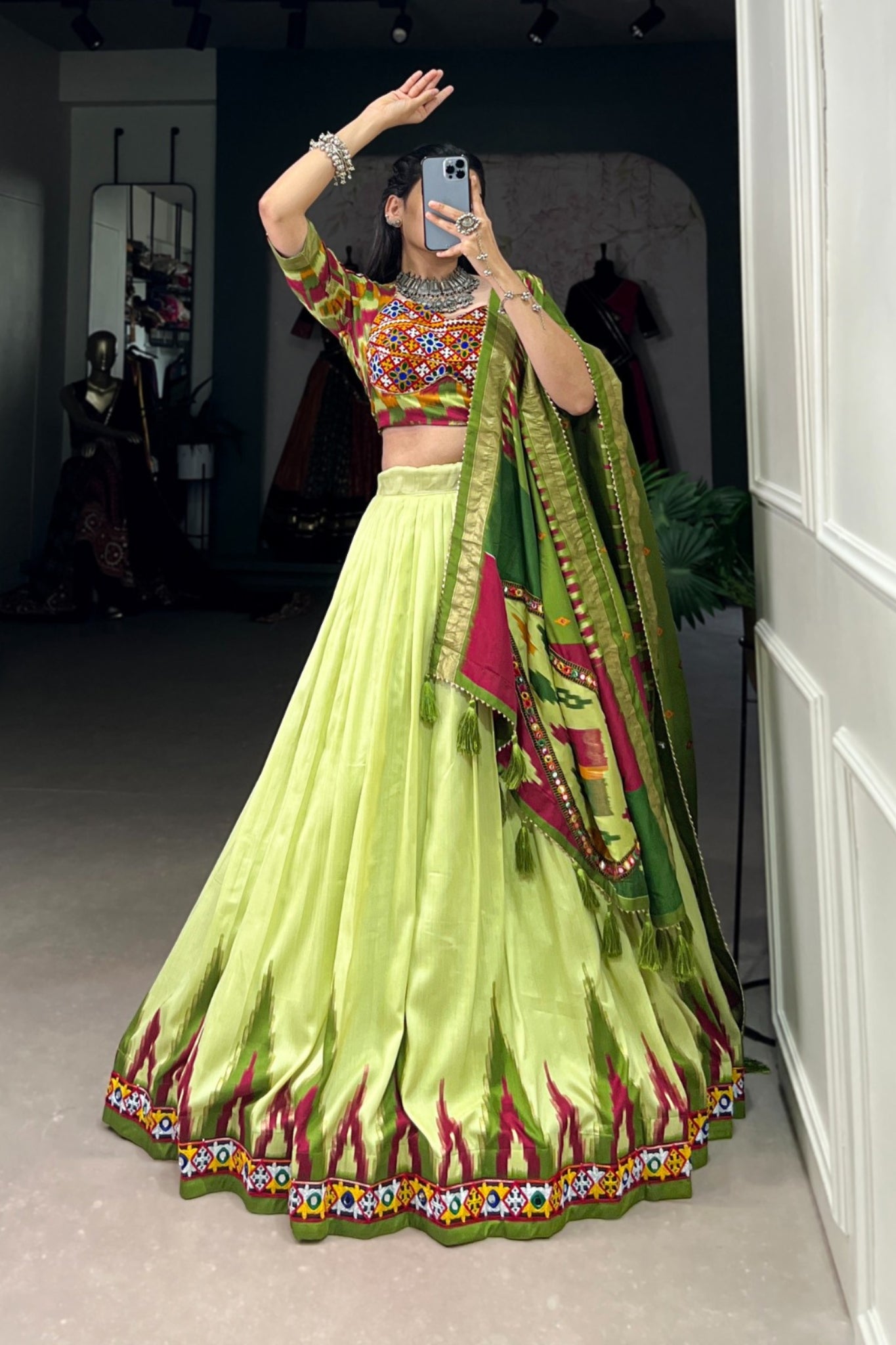 Elegance Luxurious Print With Foil And  Original Mirror Gamthi Work Lehenga Choli