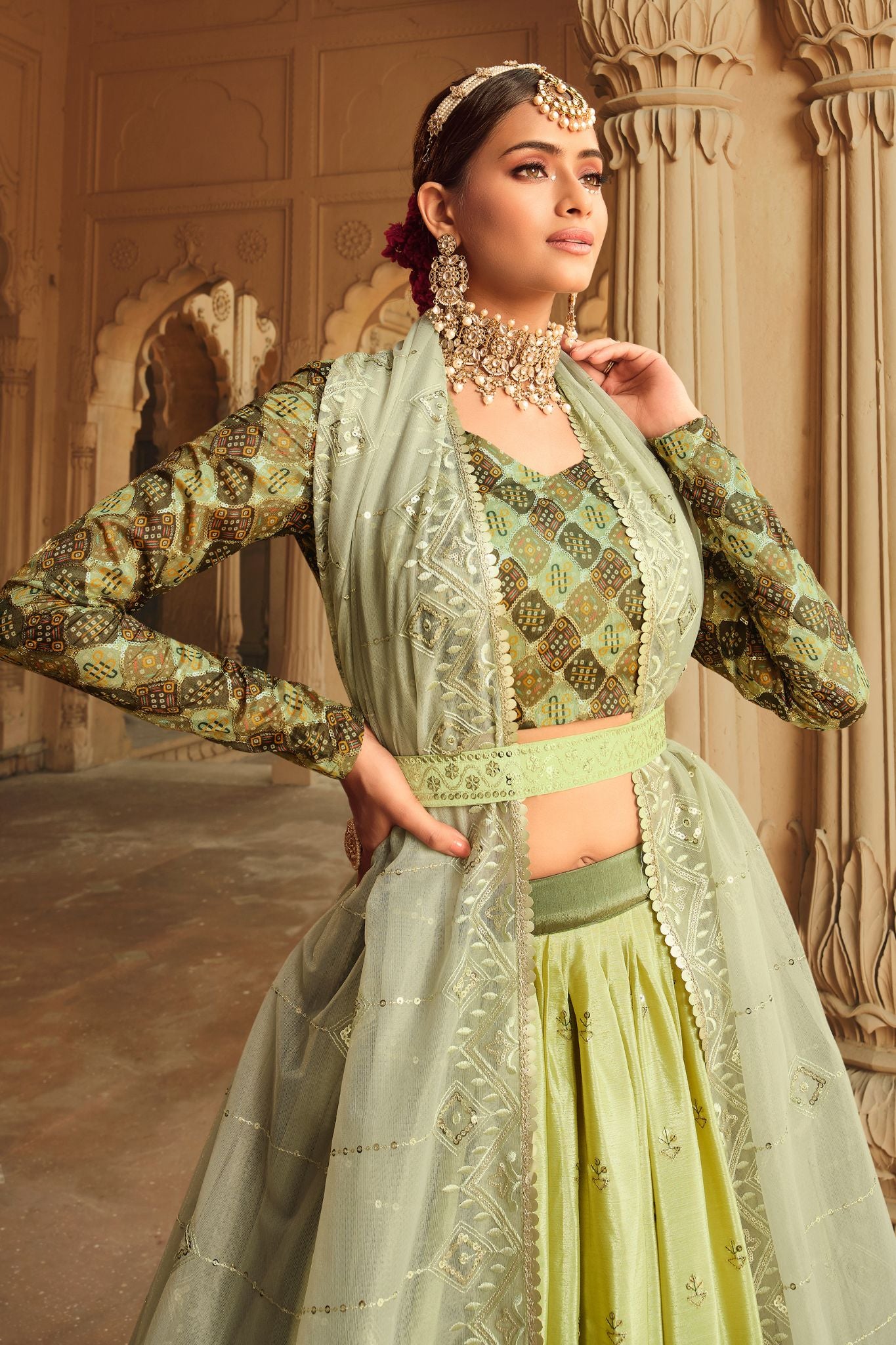 Mehndi Pista Printed With Sequince Embroidered Work Wedding Lehenga