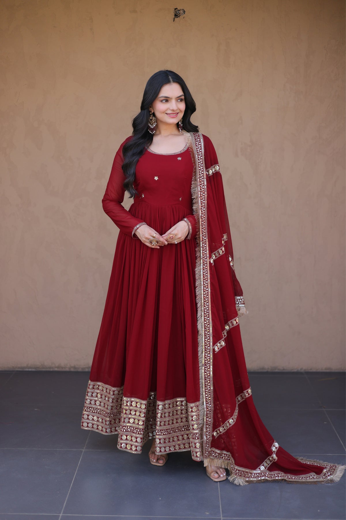 Designer Faux Blooming Anarkali Gown With Dupatta Set
