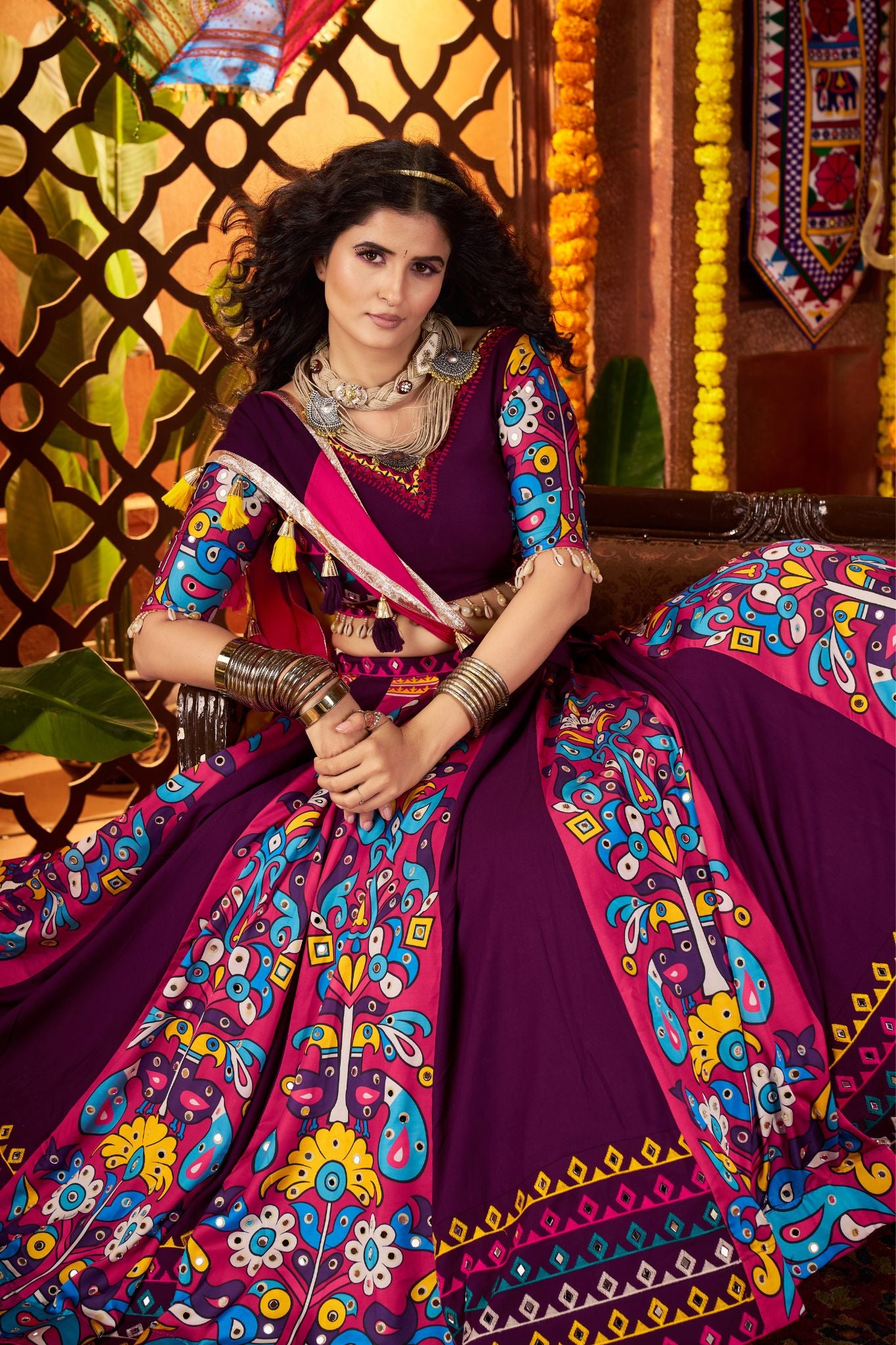 Designer Purple Navratri Special Lehenga Choli With Mirror And Hand Embroidery Work