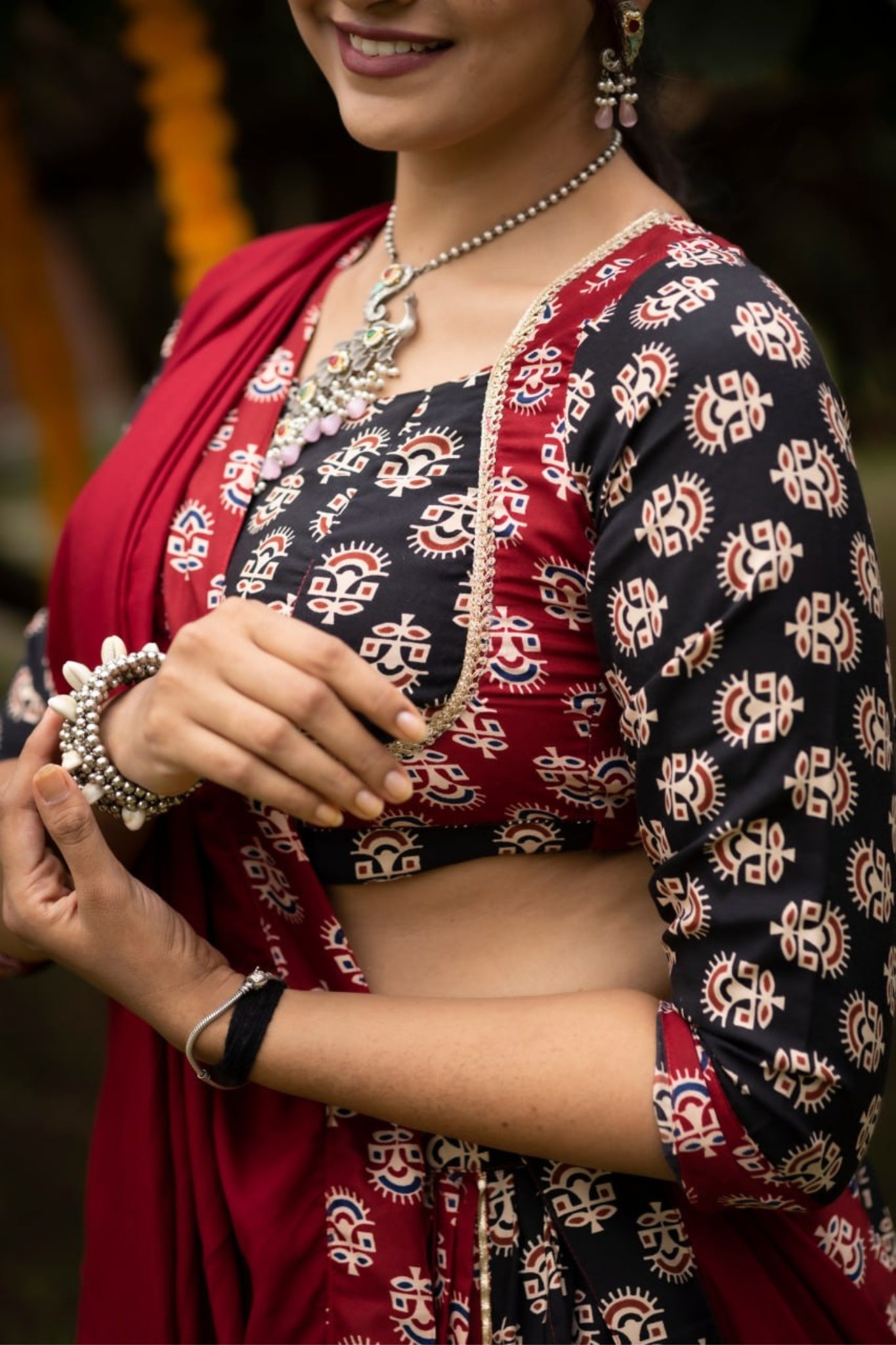 RaasRang Maroon Ajrakh Print Navratri Lehenga Choli For Women