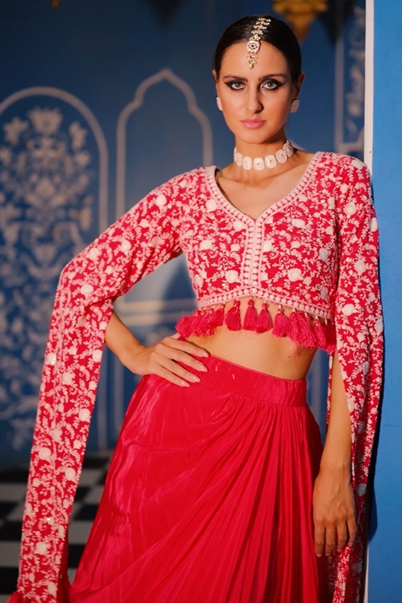 Pink Dhoti Crop Top Set In Satin With Lucknowi Embroidery Work