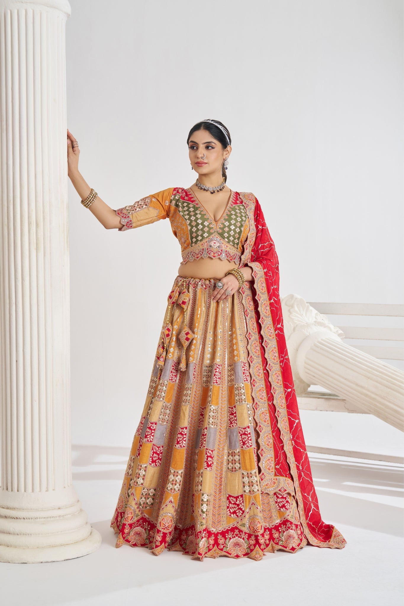 Stunning Mustard Beautiful Designer Sequins With Aari Work Wedding Lehenga Choli