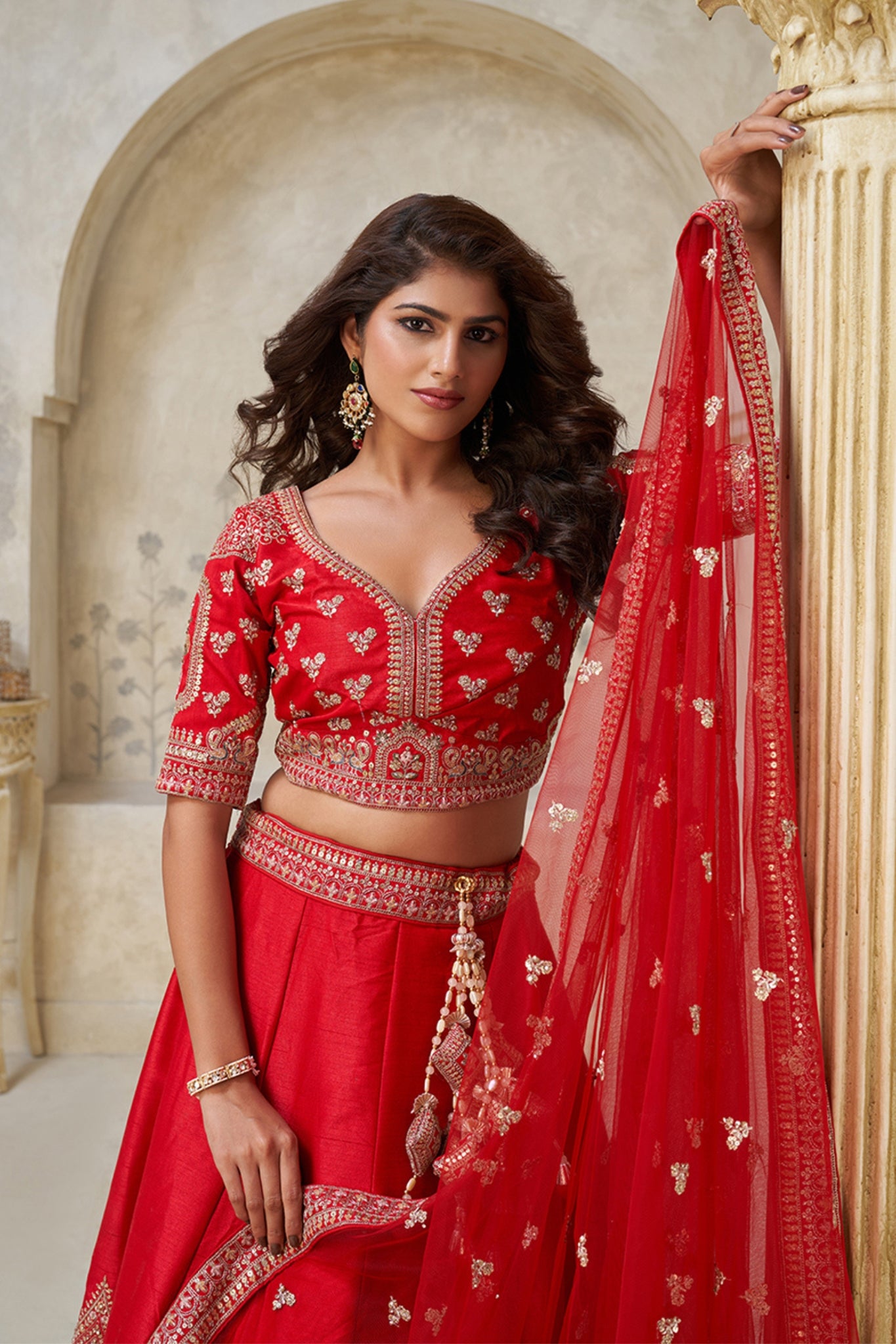Crimson Elegance Minimalist Peacock And Leaf Motif Bridal Lehenga
