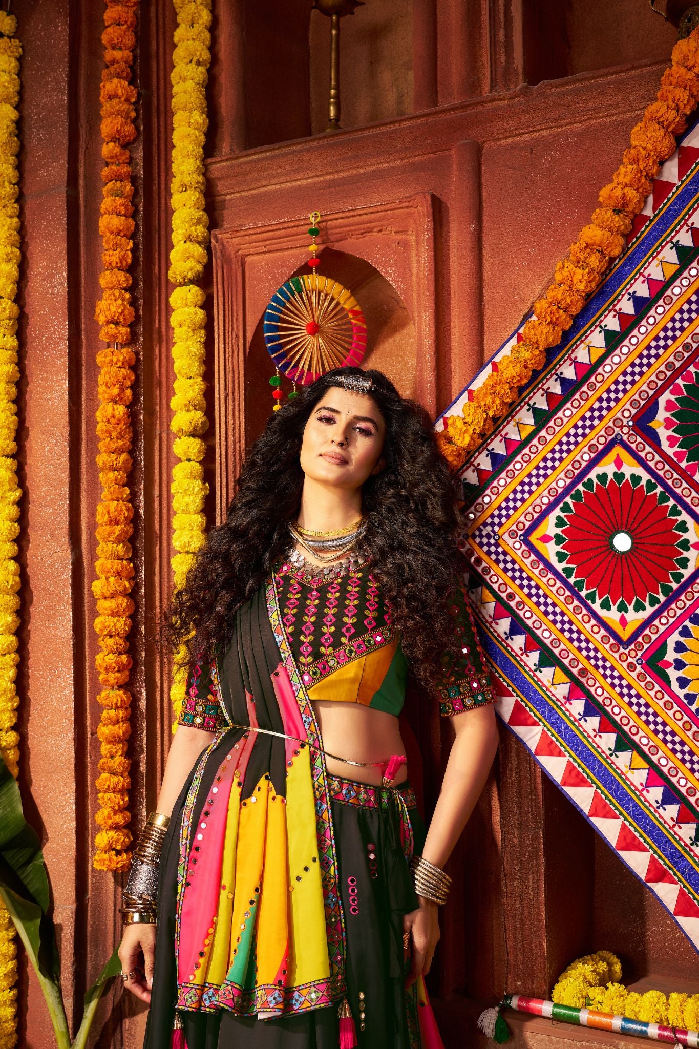 Designer Black Navratri Lehenga Choli Print With Mirror And Embroidery Work