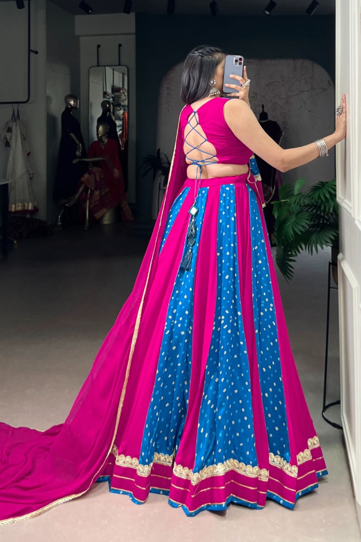 Pink And Blue Designer Bandhej Print Beautiful Lehenga Choli