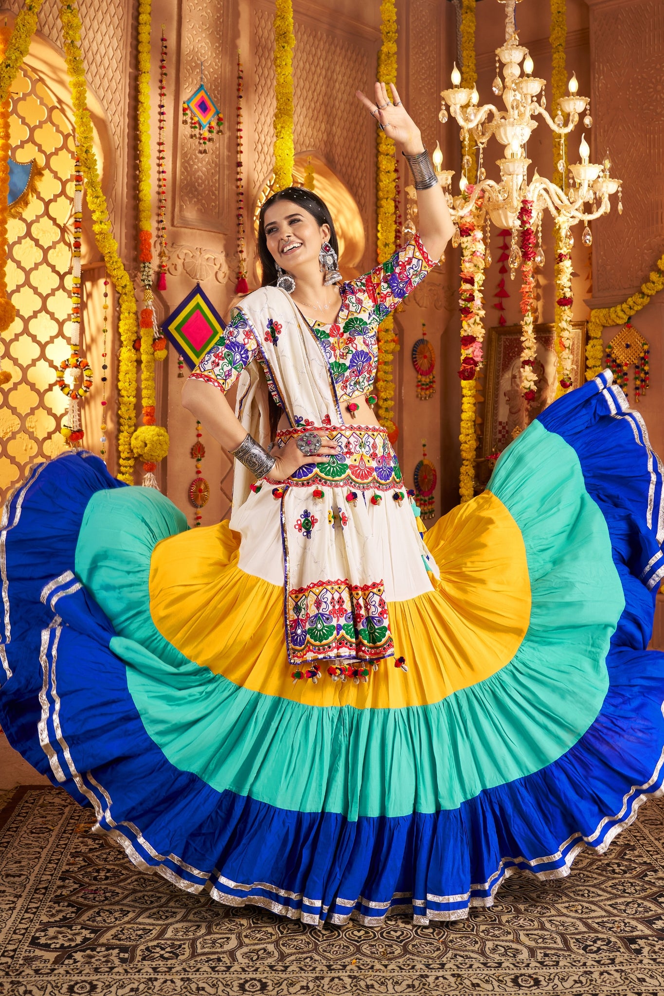 Beautiful Viscose Cotton Traditional Tread Embroidered With Mirror Work Navratri Lehenga Choli