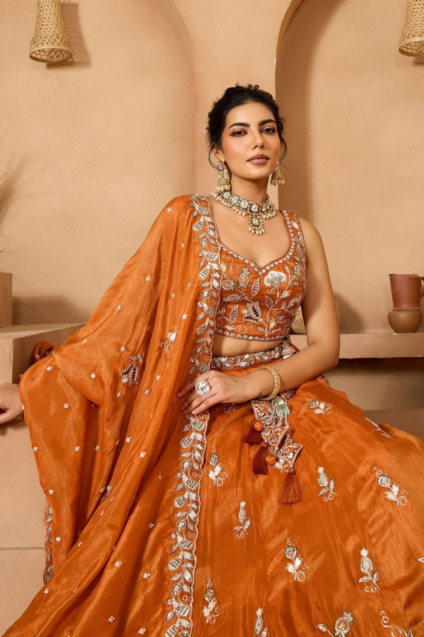 Rust Orange Pure Tissue Designer Lehenga Choli with Heavy Embroidery